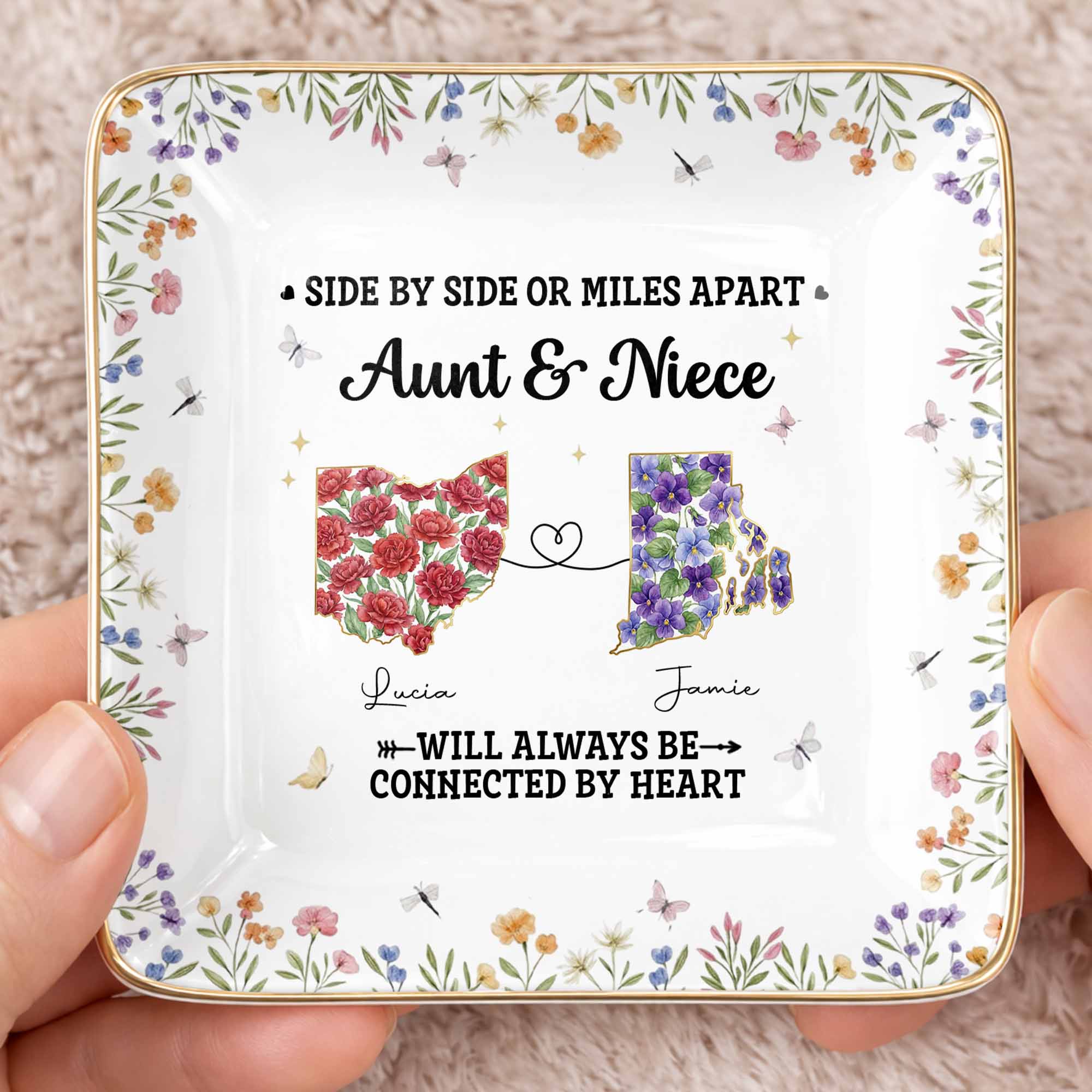 Aunt & Niece Always Connected By Heart, Flowers Design - Personalized Custom Jewelry Dish, Ceramic Dish, Square Shape - AUNT006_SCRF