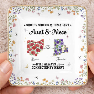 Aunt & Niece Always Connected By Heart, Flowers Design - Personalized Custom Jewelry Dish, Ceramic Dish, Square Shape - AUNT006_SCRF