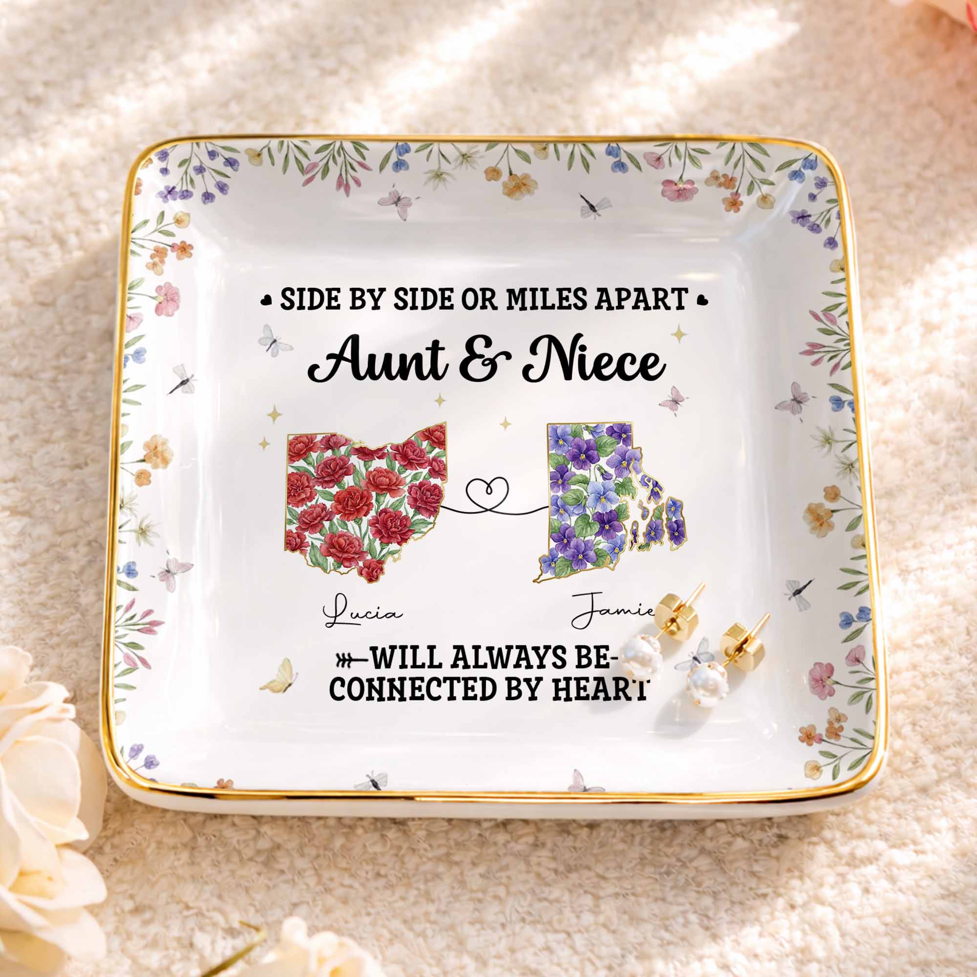 Aunt & Niece Always Connected By Heart, Flowers Design - Personalized Custom Jewelry Dish, Ceramic Dish, Square Shape - AUNT006_SCRF