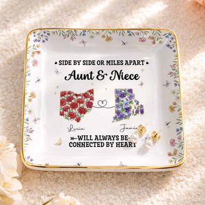Aunt & Niece Always Connected By Heart, Flowers Design - Personalized Custom Jewelry Dish, Ceramic Dish, Square Shape - AUNT006_SCRF