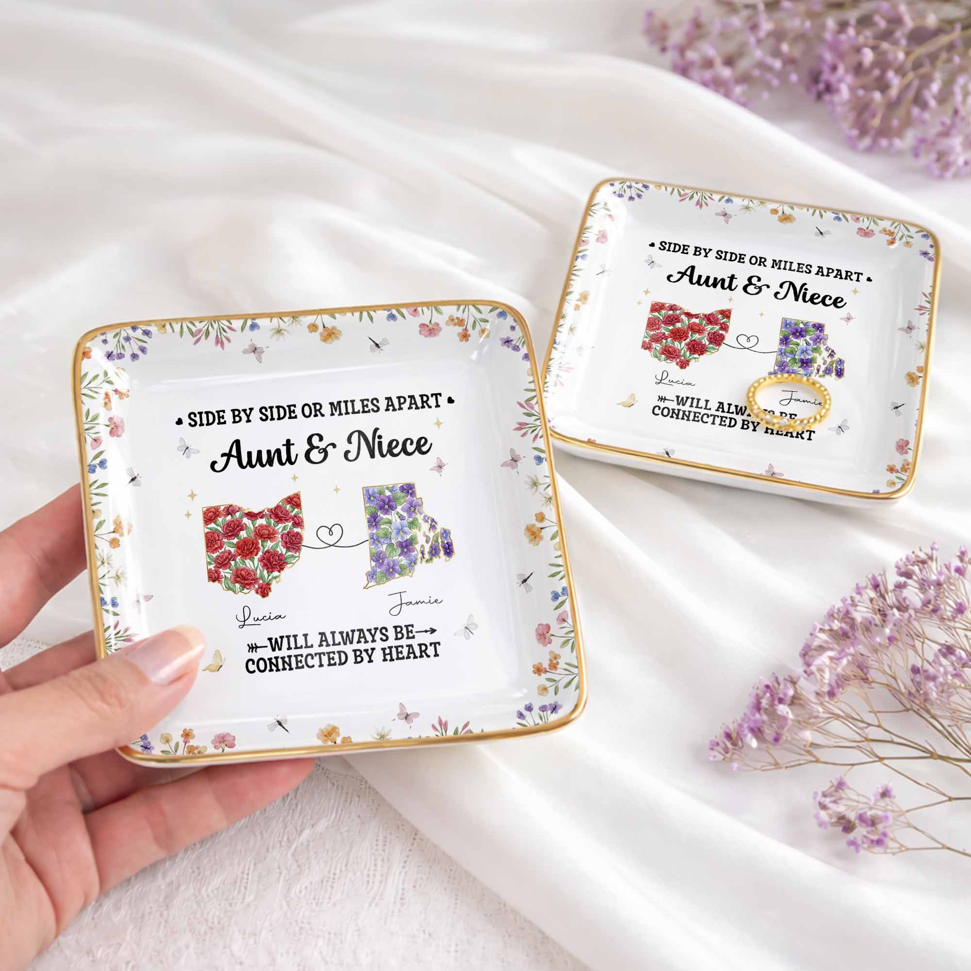 Aunt & Niece Always Connected By Heart, Flowers Design - Personalized Custom Jewelry Dish, Ceramic Dish, Square Shape - AUNT006_SCRF