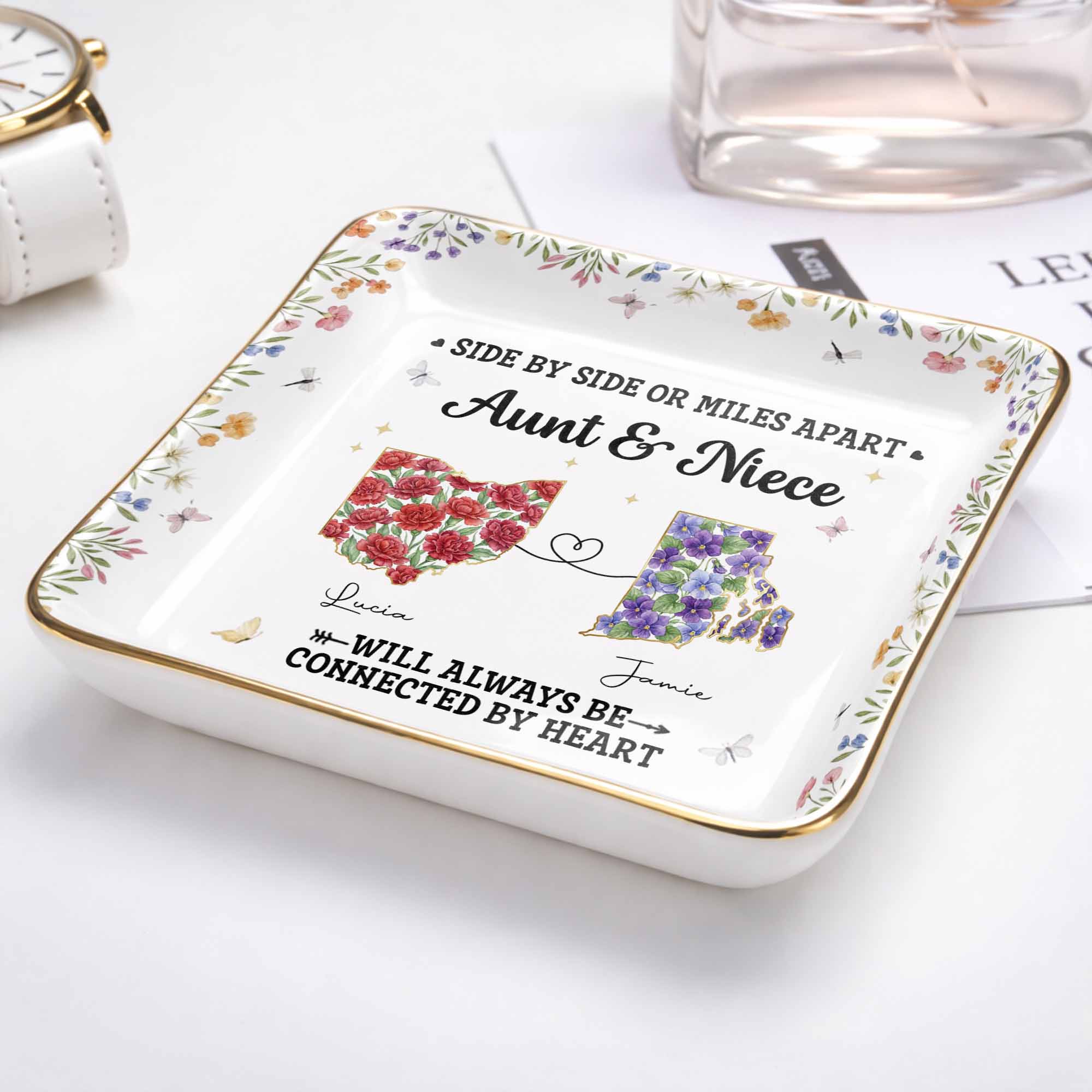 Aunt & Niece Always Connected By Heart, Flowers Design - Personalized Custom Jewelry Dish, Ceramic Dish, Square Shape - AUNT006_SCRF