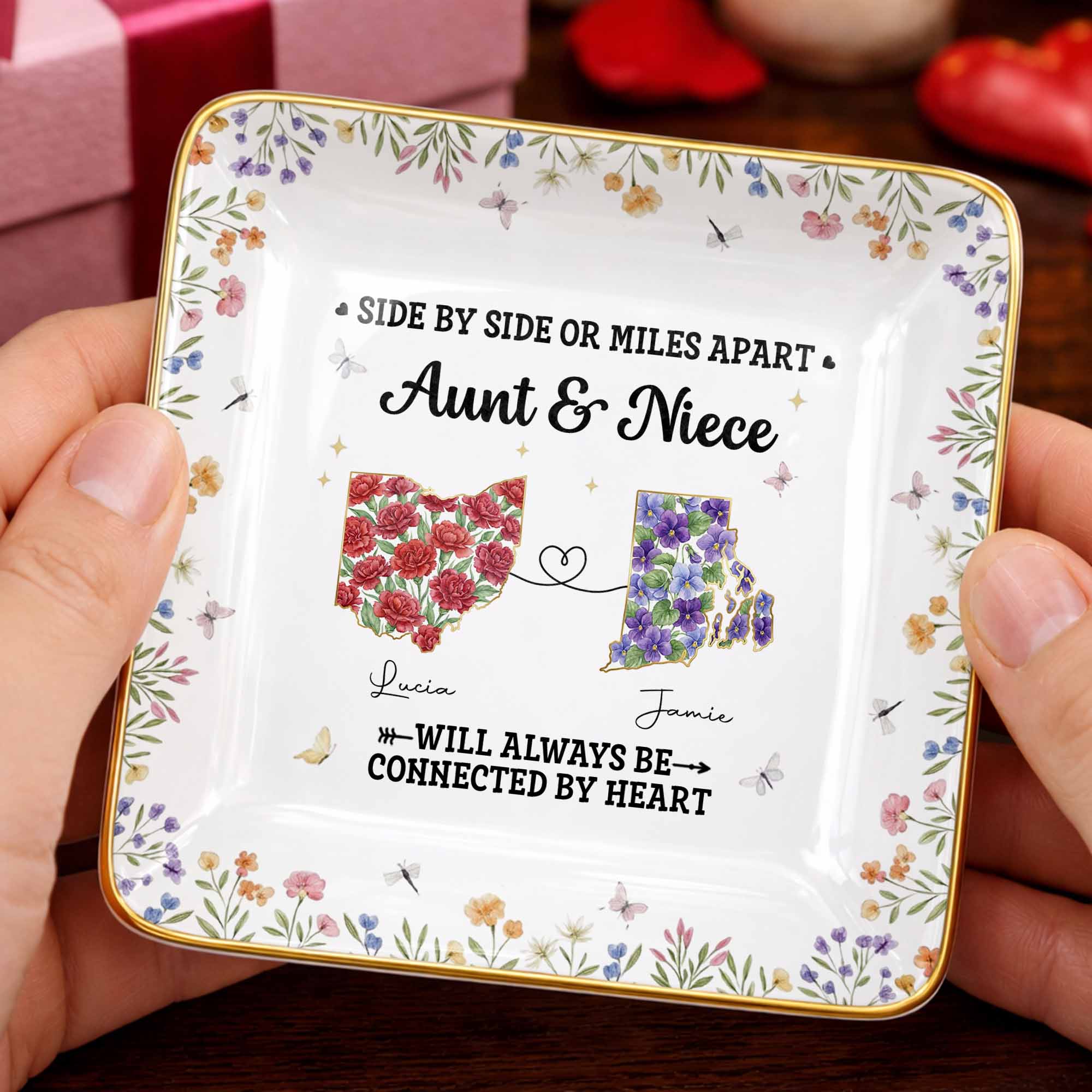 Aunt & Niece Always Connected By Heart, Flowers Design - Personalized Custom Jewelry Dish, Ceramic Dish, Square Shape - AUNT006_SCRF