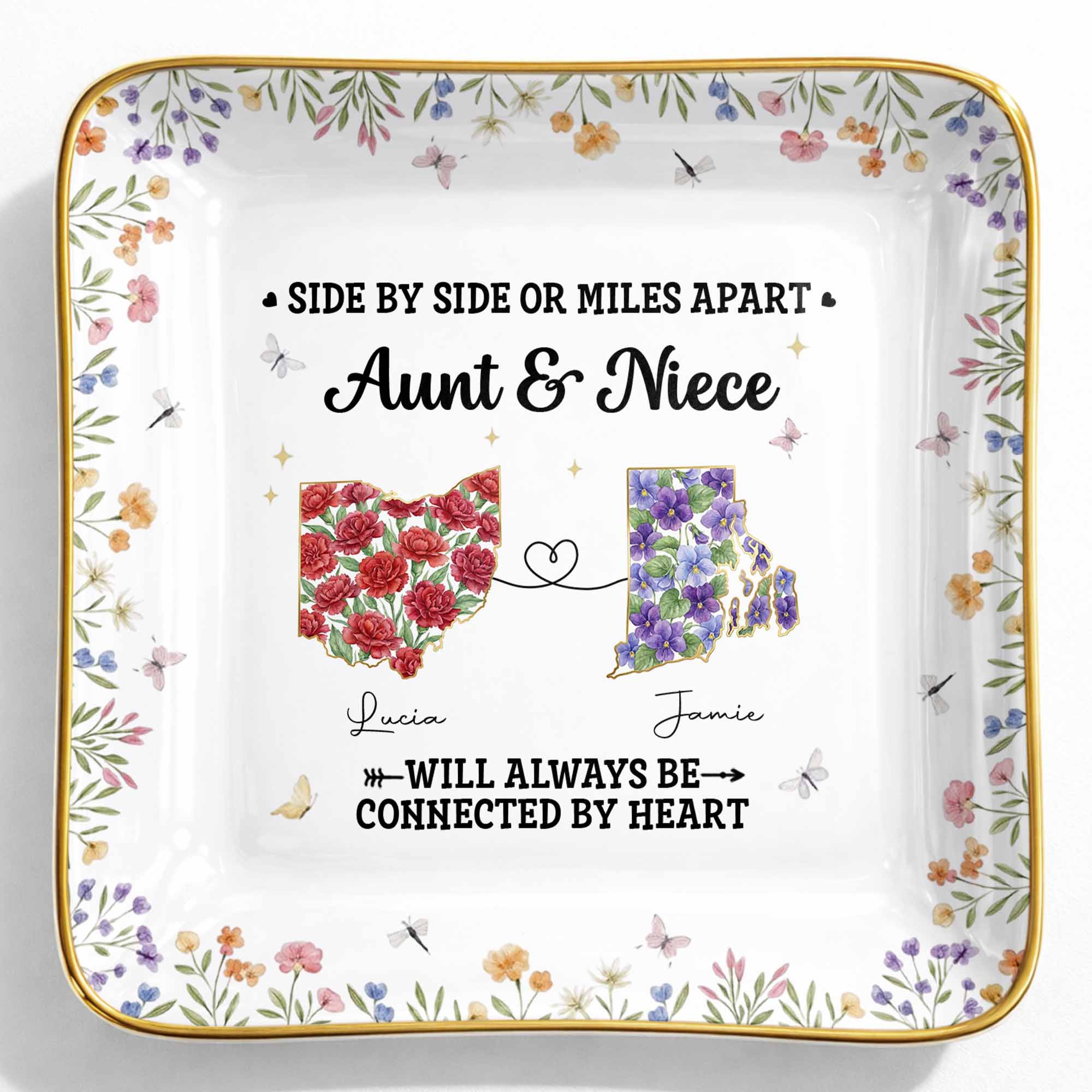Aunt & Niece Always Connected By Heart, Flowers Design - Personalized Custom Jewelry Dish, Ceramic Dish, Square Shape - AUNT006_SCRF