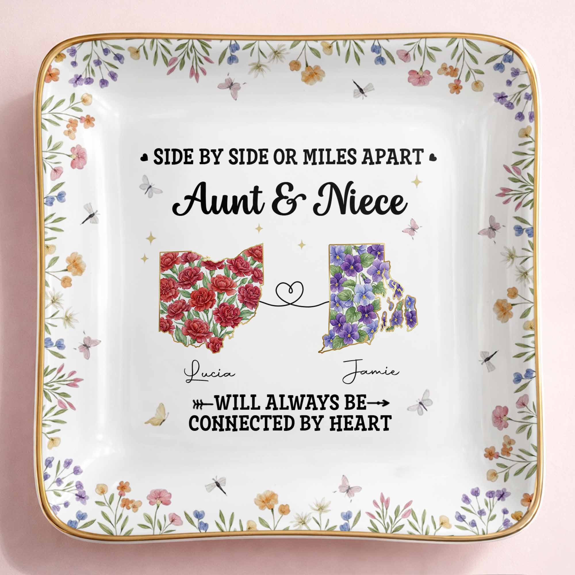 Aunt & Niece Always Connected By Heart, Flowers Design - Personalized Custom Jewelry Dish, Ceramic Dish, Square Shape - AUNT006_SCRF