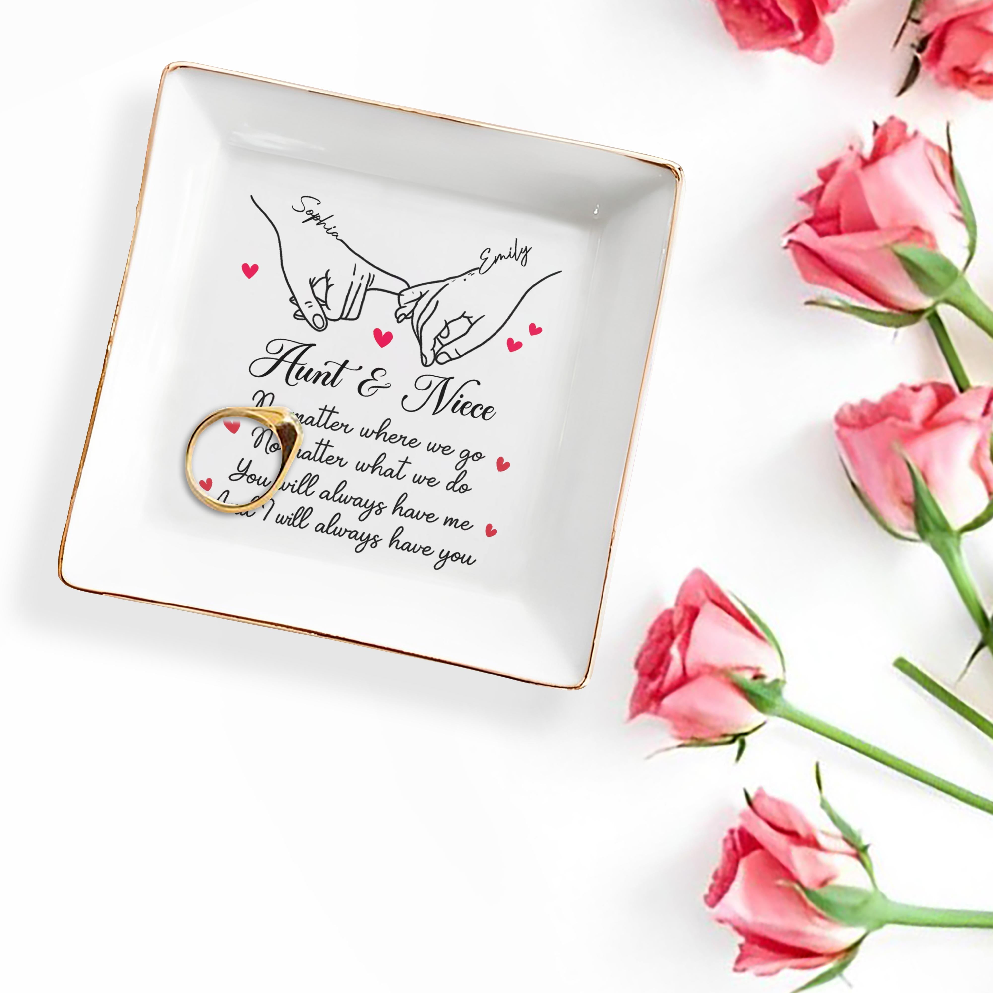No Matter Where We Go, Linked Hands And Hearts - Personalized Custom Jewelry Dish, Square Ceramic Dish - AUNT007_SCRD
