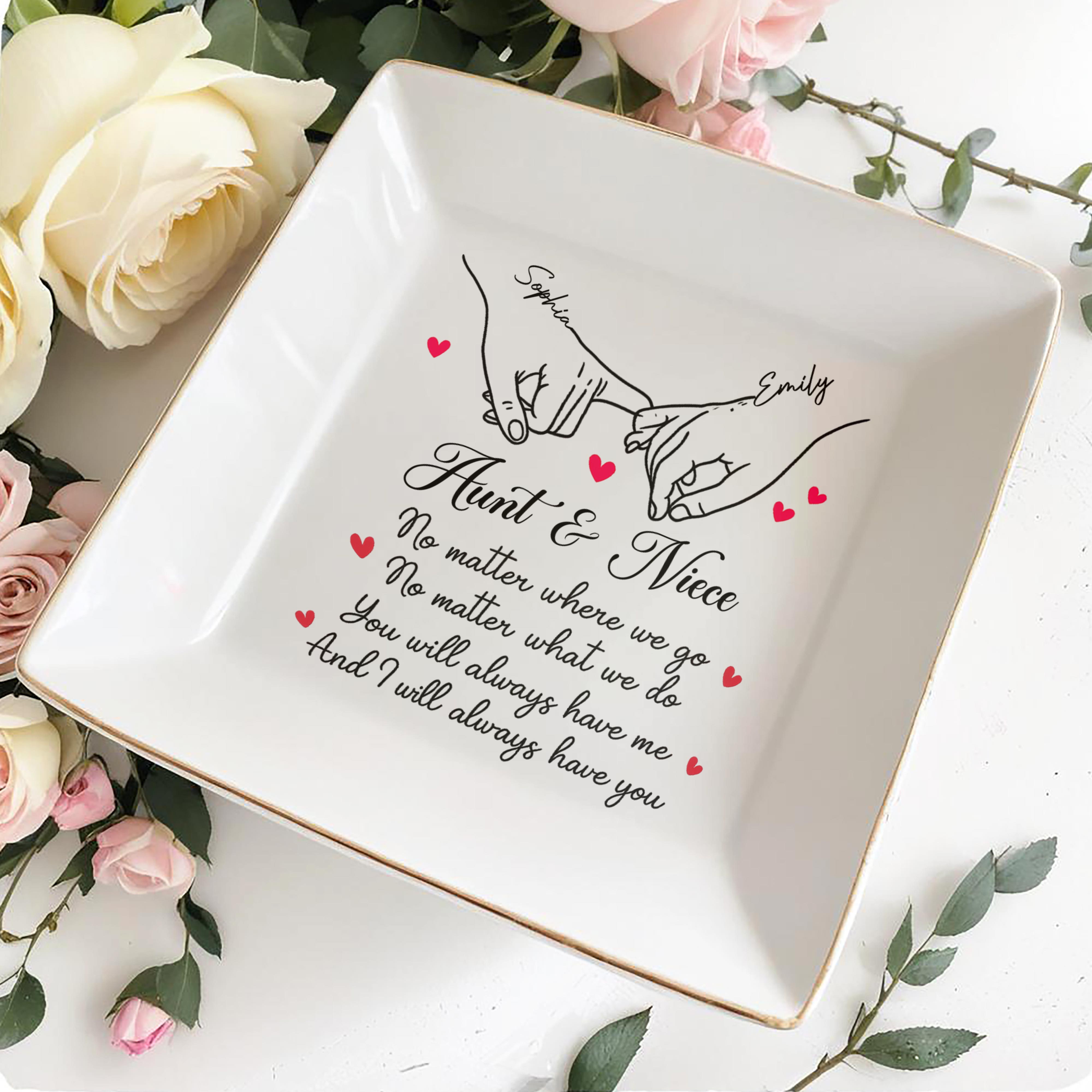 No Matter Where We Go, Linked Hands And Hearts - Personalized Custom Jewelry Dish, Square Ceramic Dish - AUNT007_SCRD