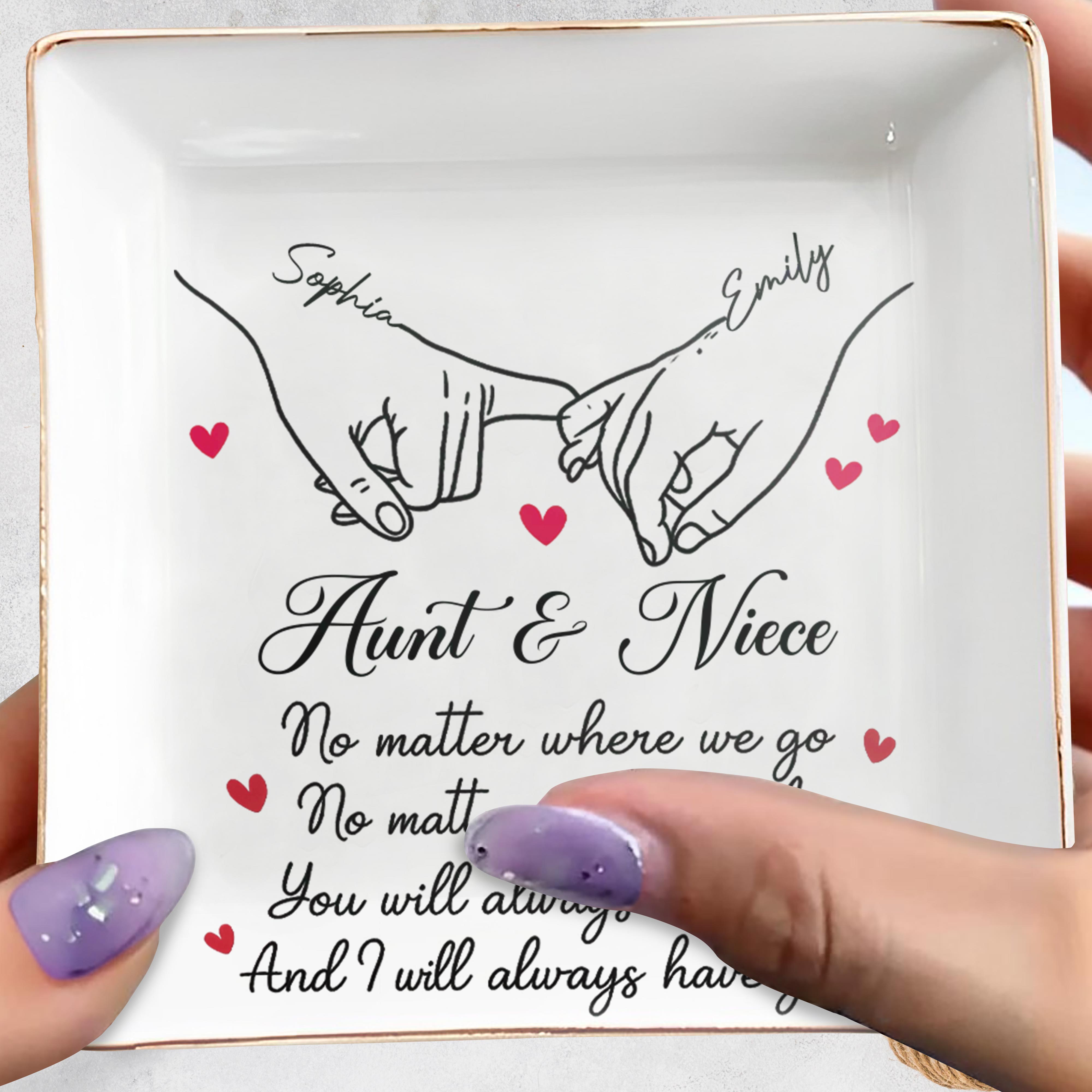 No Matter Where We Go, Linked Hands And Hearts - Personalized Custom Jewelry Dish, Square Ceramic Dish - AUNT007_SCRD
