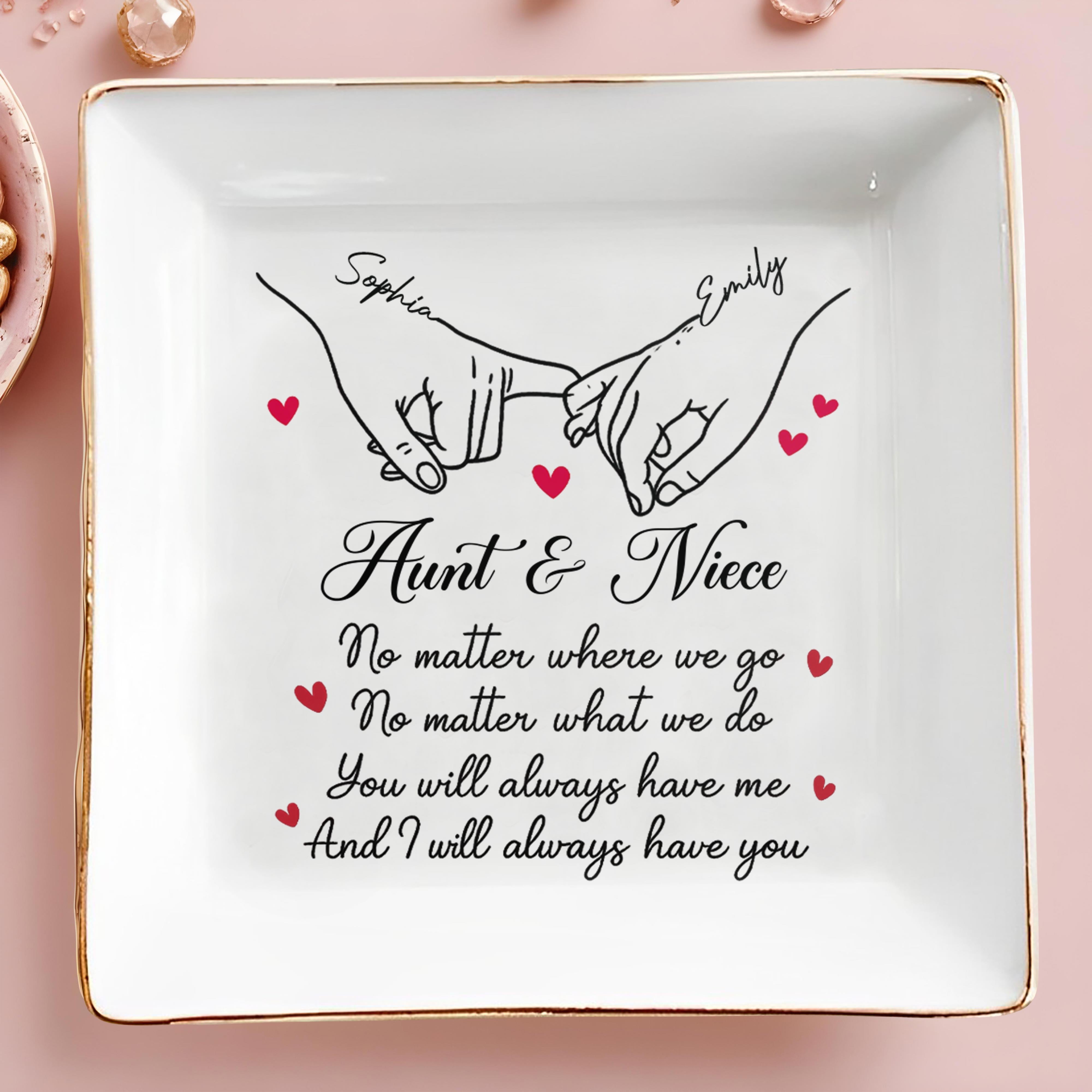 No Matter Where We Go, Linked Hands And Hearts - Personalized Custom Jewelry Dish, Square Ceramic Dish - AUNT007_SCRD