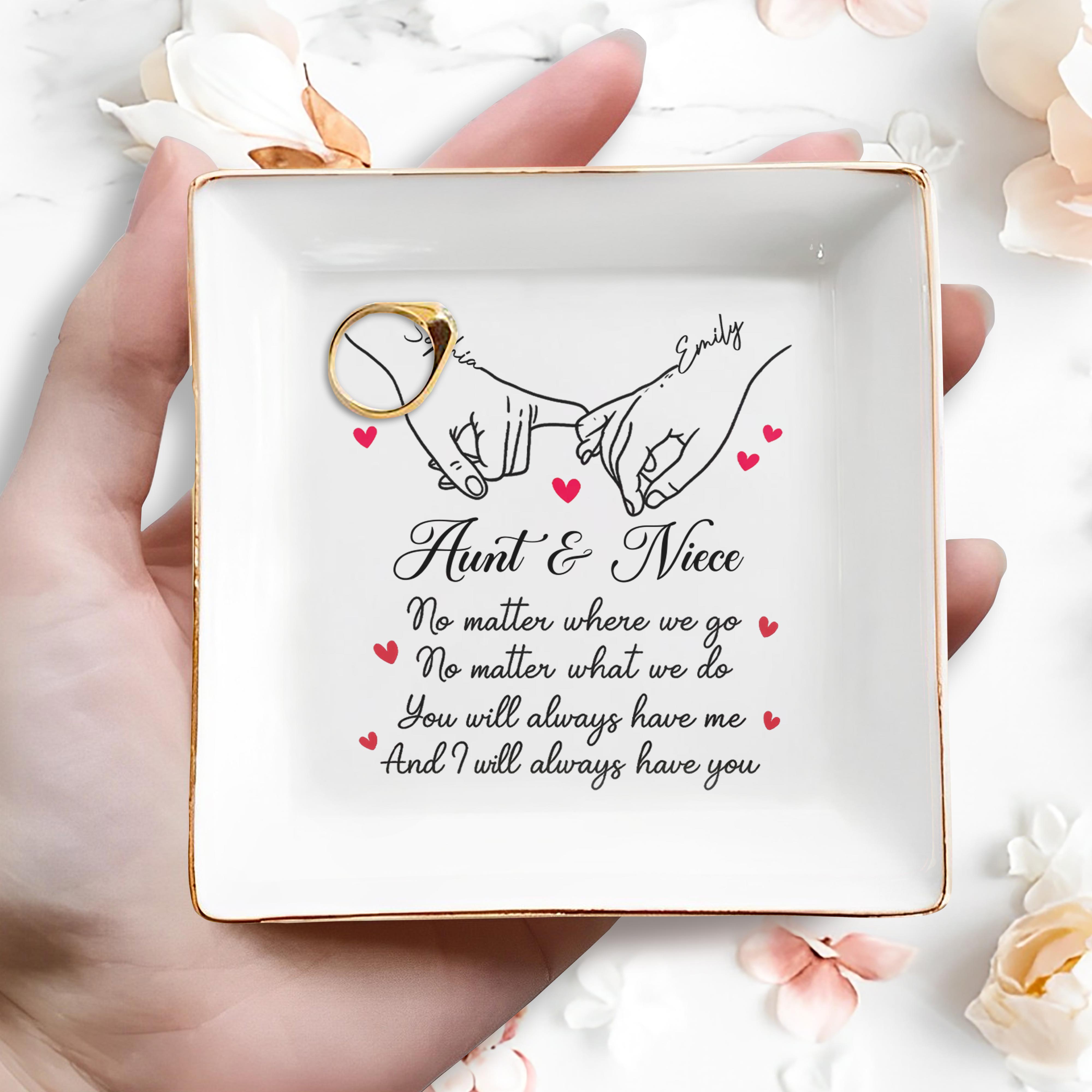 No Matter Where We Go, Linked Hands And Hearts - Personalized Custom Jewelry Dish, Square Ceramic Dish - AUNT007_SCRD