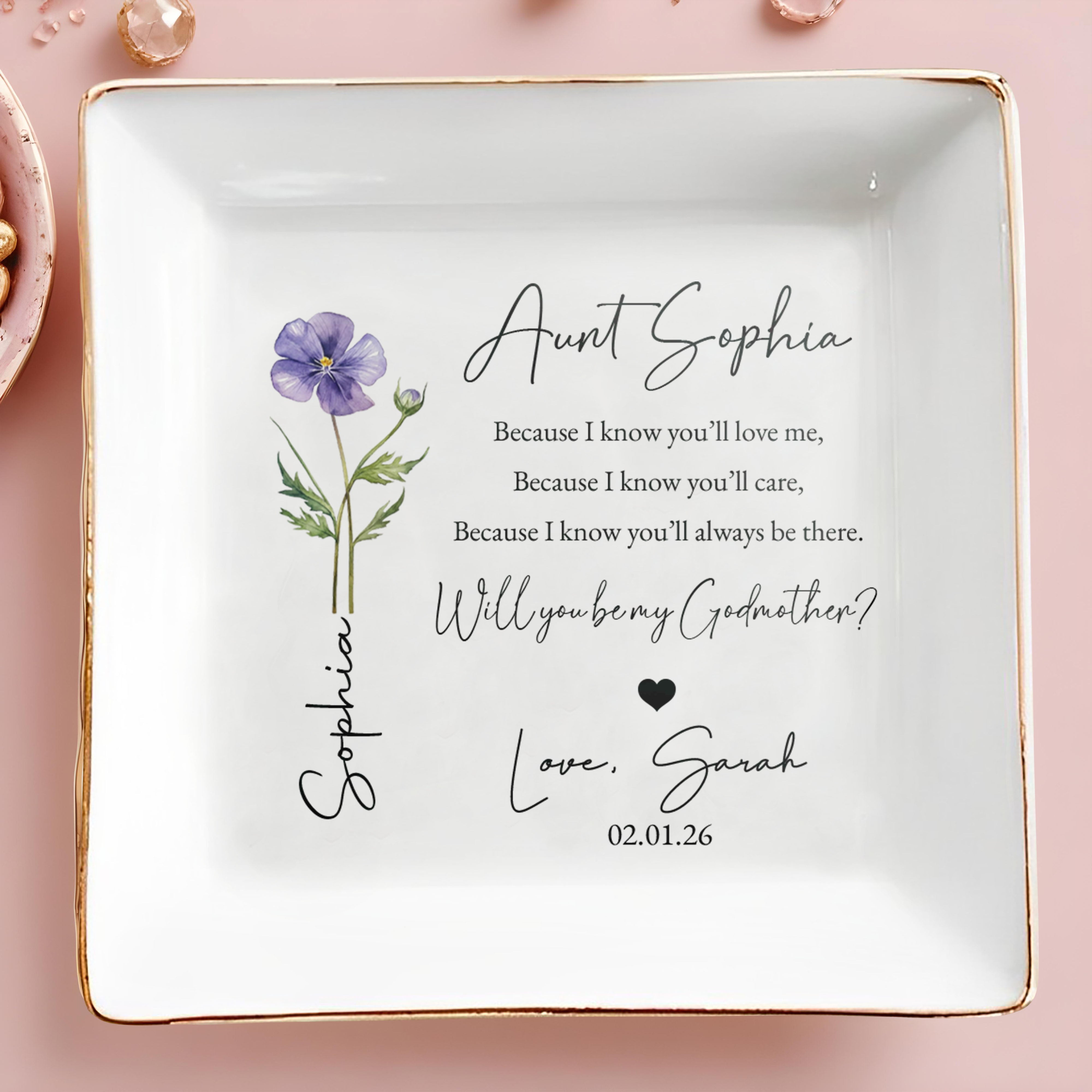 Will You Be My Godmother Aunt Poem And Birth Month Flower - Personalized Custom Jewelry Dish, Square Ceramic Dish - AUNT011_SCRD