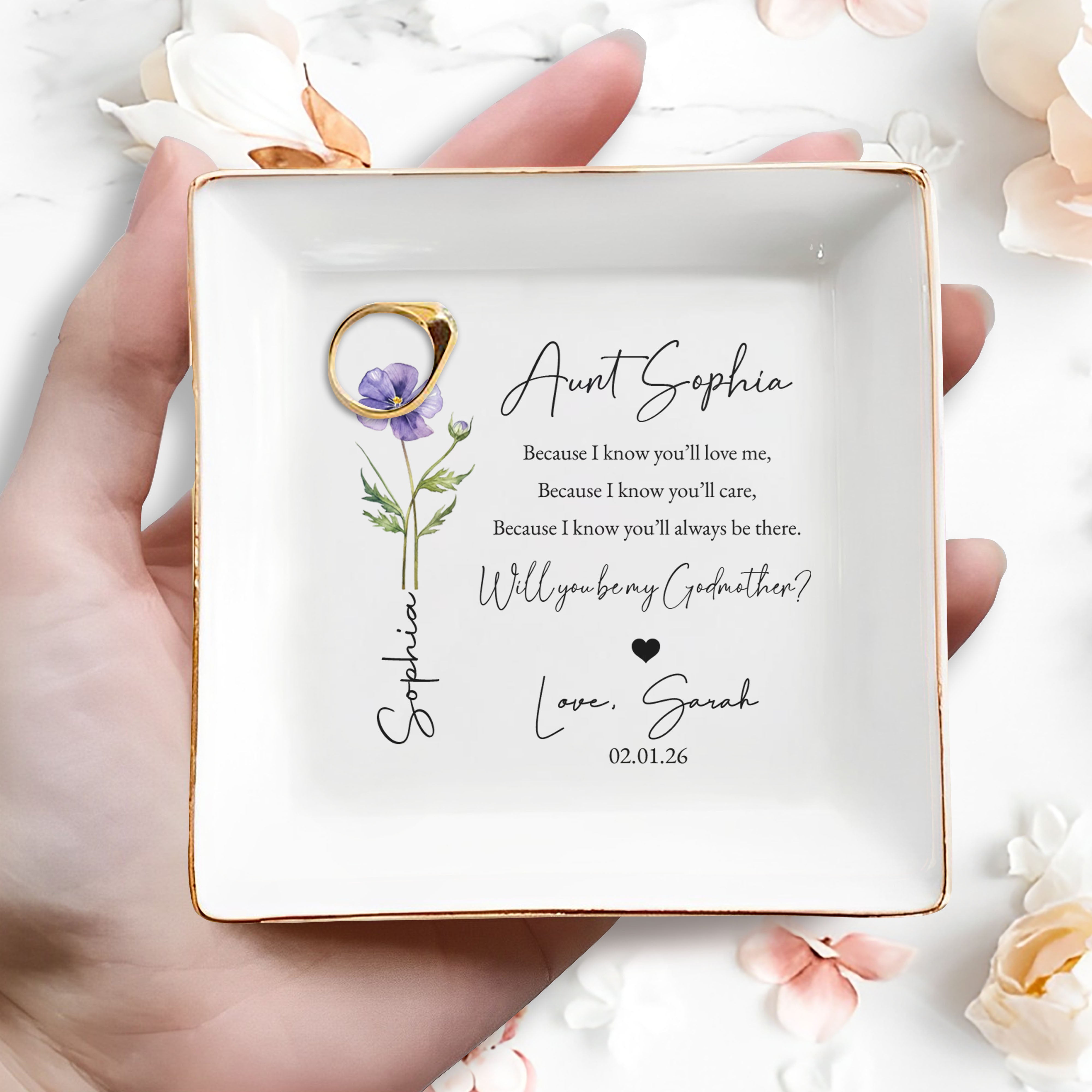 Will You Be My Godmother Aunt Poem And Birth Month Flower - Personalized Custom Jewelry Dish, Square Ceramic Dish - AUNT011_SCRD
