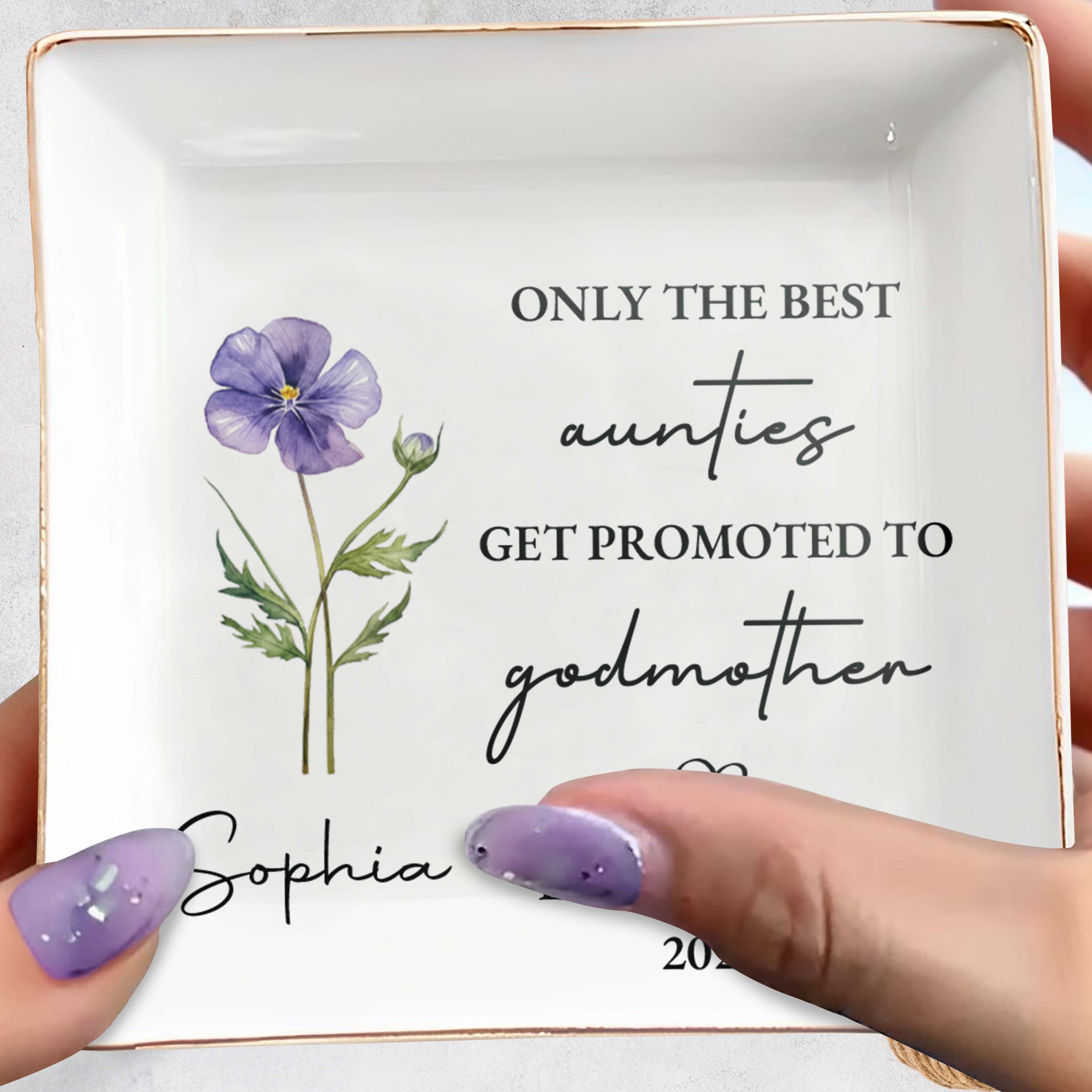 Only The Best Aunties Get Promoted To Godmother Flower Ceramic Dish - Personalized Custom Jewelry Dish, Square Ceramic Dish - AUNT014_SCRD