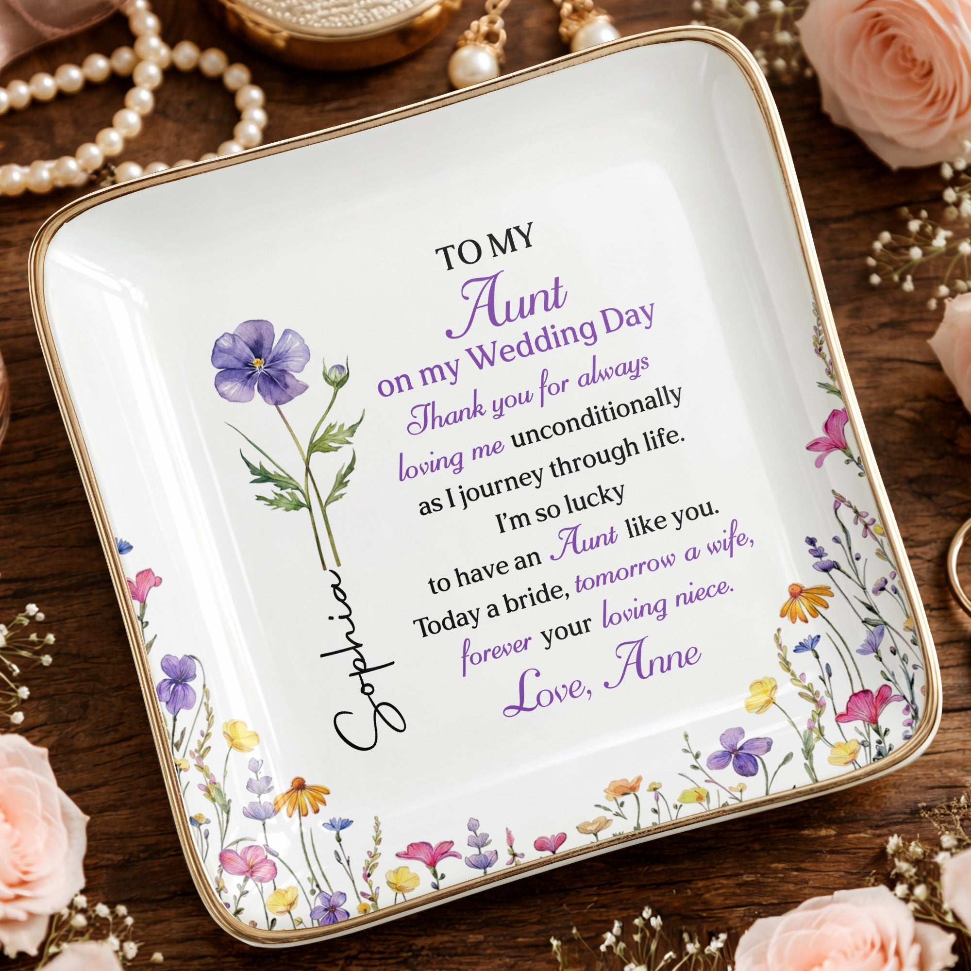 To My Aunt On My Wedding Day Custom Birth Month Flowers - Personalized Custom Jewelry Dish, Ceramic Dish, Square Shape - AUNT015_SCRF