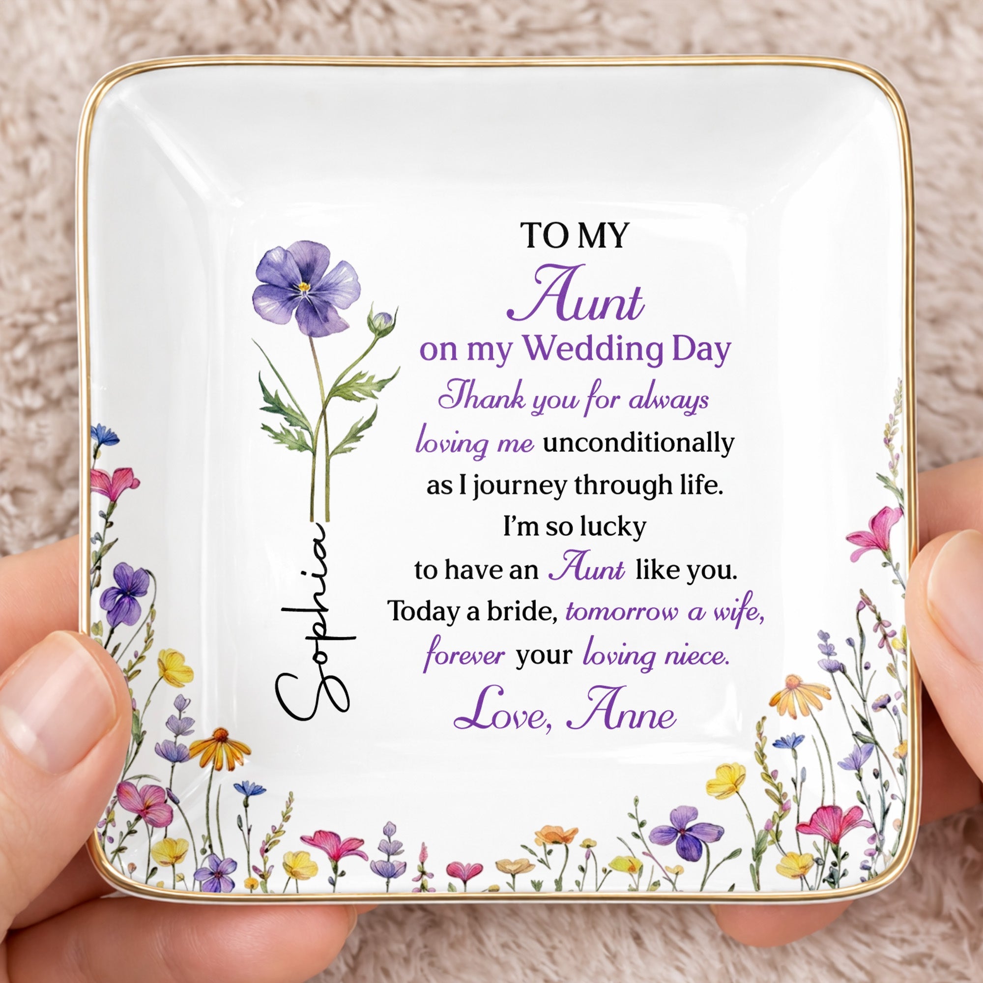 To My Aunt On My Wedding Day Custom Birth Month Flowers - Personalized Custom Jewelry Dish, Ceramic Dish, Square Shape - AUNT015_SCRF
