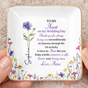 To My Aunt On My Wedding Day Custom Birth Month Flowers - Personalized Custom Jewelry Dish, Ceramic Dish, Square Shape - AUNT015_SCRF