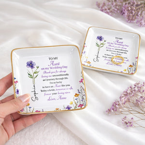 To My Aunt On My Wedding Day Custom Birth Month Flowers - Personalized Custom Jewelry Dish, Ceramic Dish, Square Shape - AUNT015_SCRF