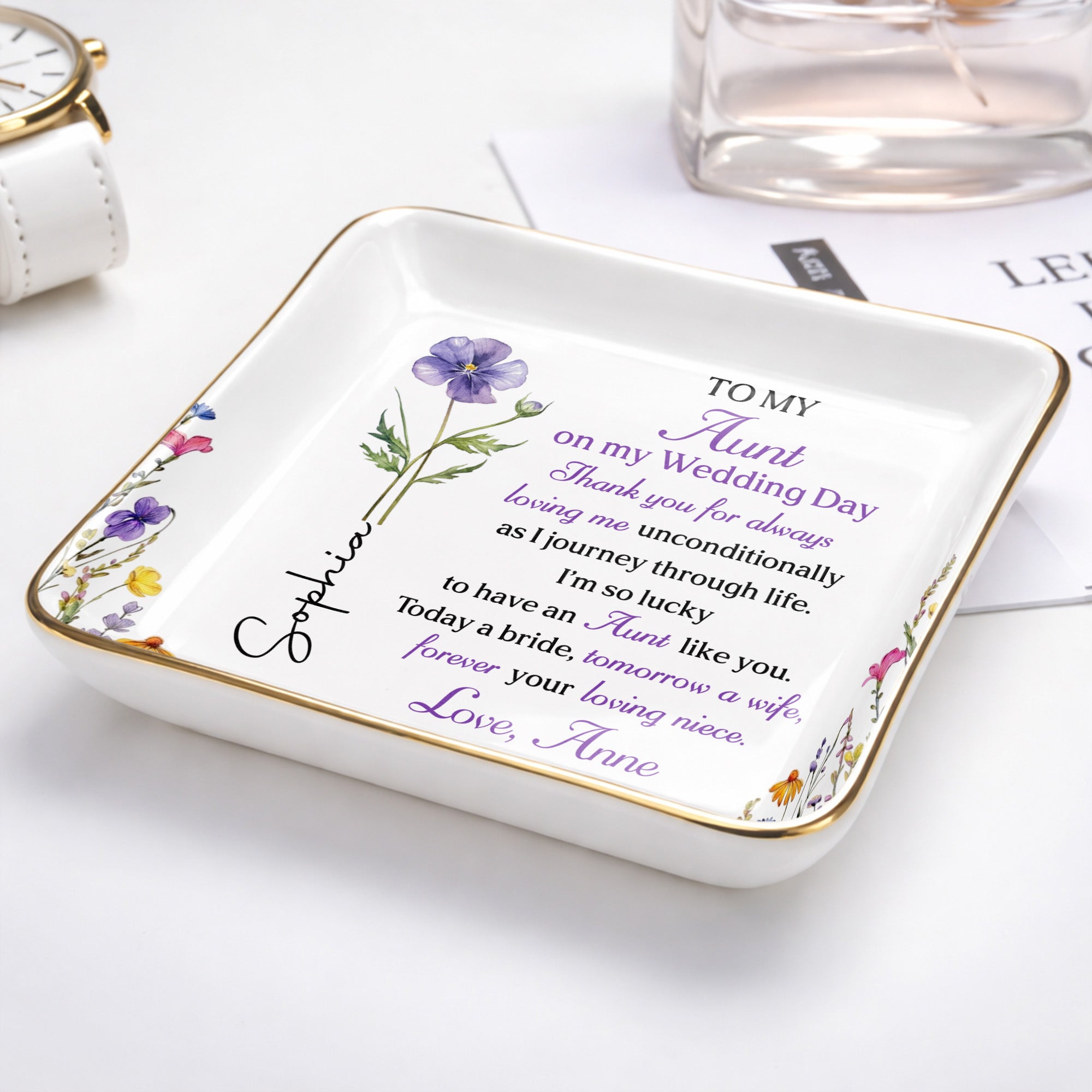 To My Aunt On My Wedding Day Custom Birth Month Flowers - Personalized Custom Jewelry Dish, Ceramic Dish, Square Shape - AUNT015_SCRF