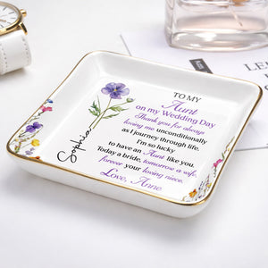 To My Aunt On My Wedding Day Custom Birth Month Flowers - Personalized Custom Jewelry Dish, Ceramic Dish, Square Shape - AUNT015_SCRF