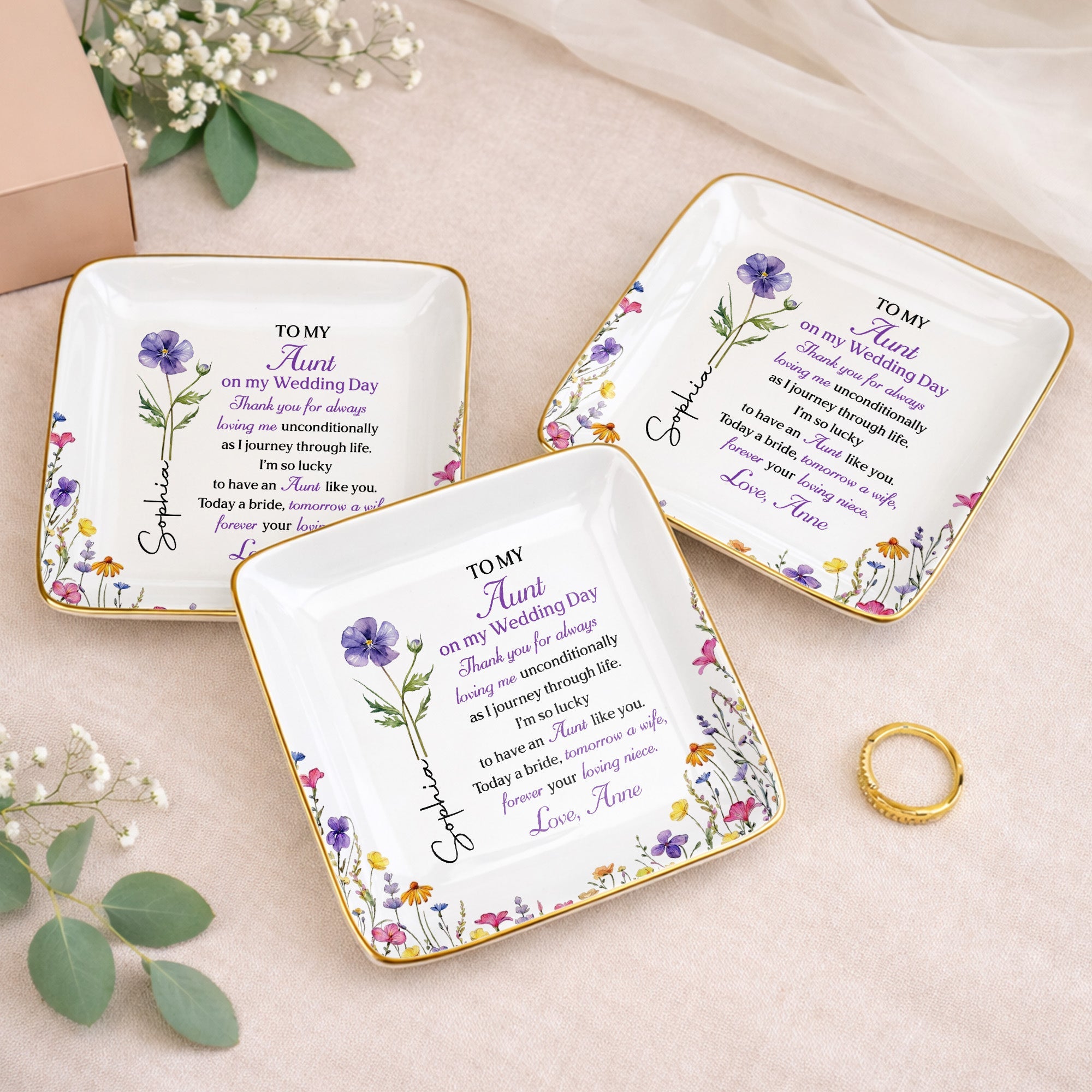 To My Aunt On My Wedding Day Custom Birth Month Flowers - Personalized Custom Jewelry Dish, Ceramic Dish, Square Shape - AUNT015_SCRF