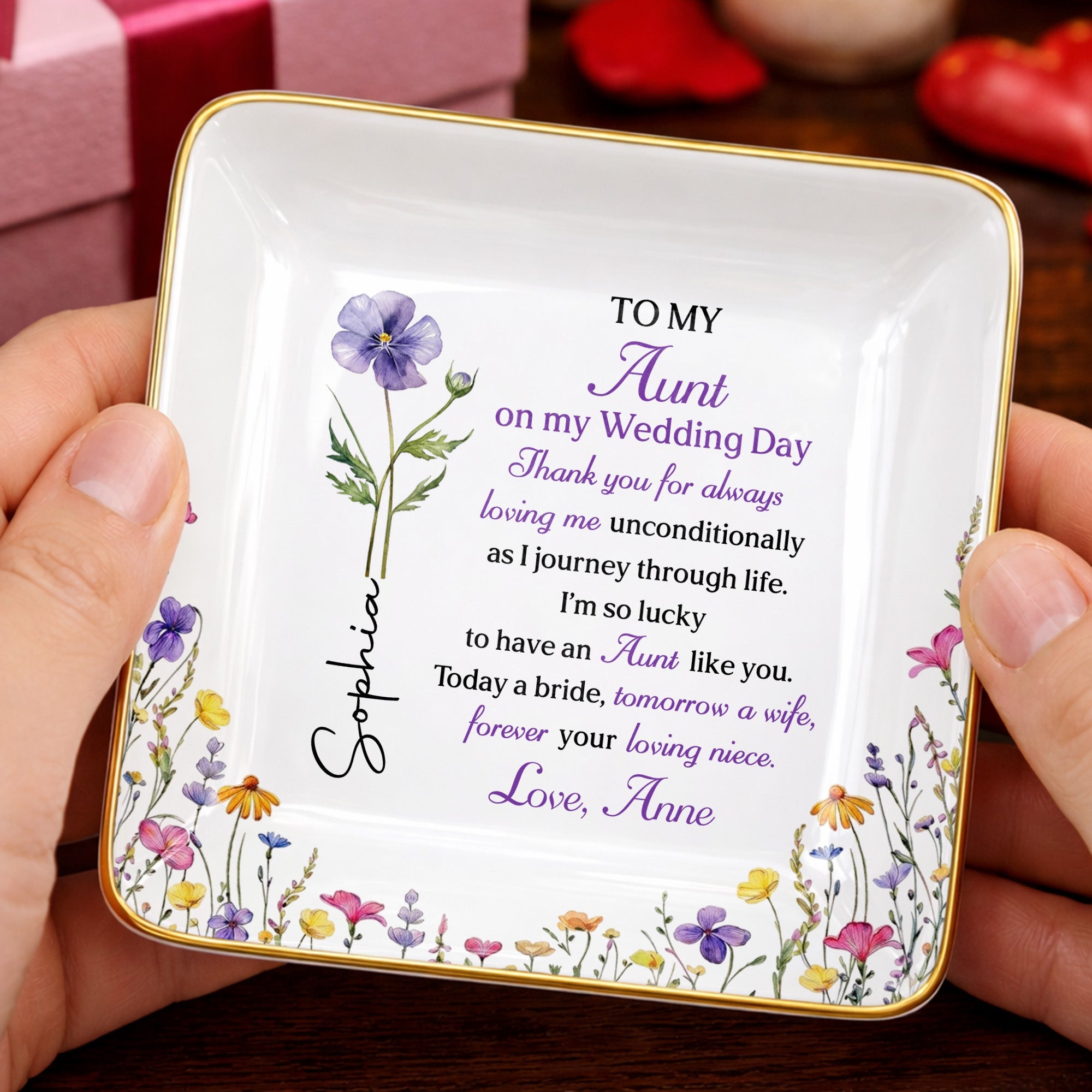To My Aunt On My Wedding Day Custom Birth Month Flowers - Personalized Custom Jewelry Dish, Ceramic Dish, Square Shape - AUNT015_SCRF