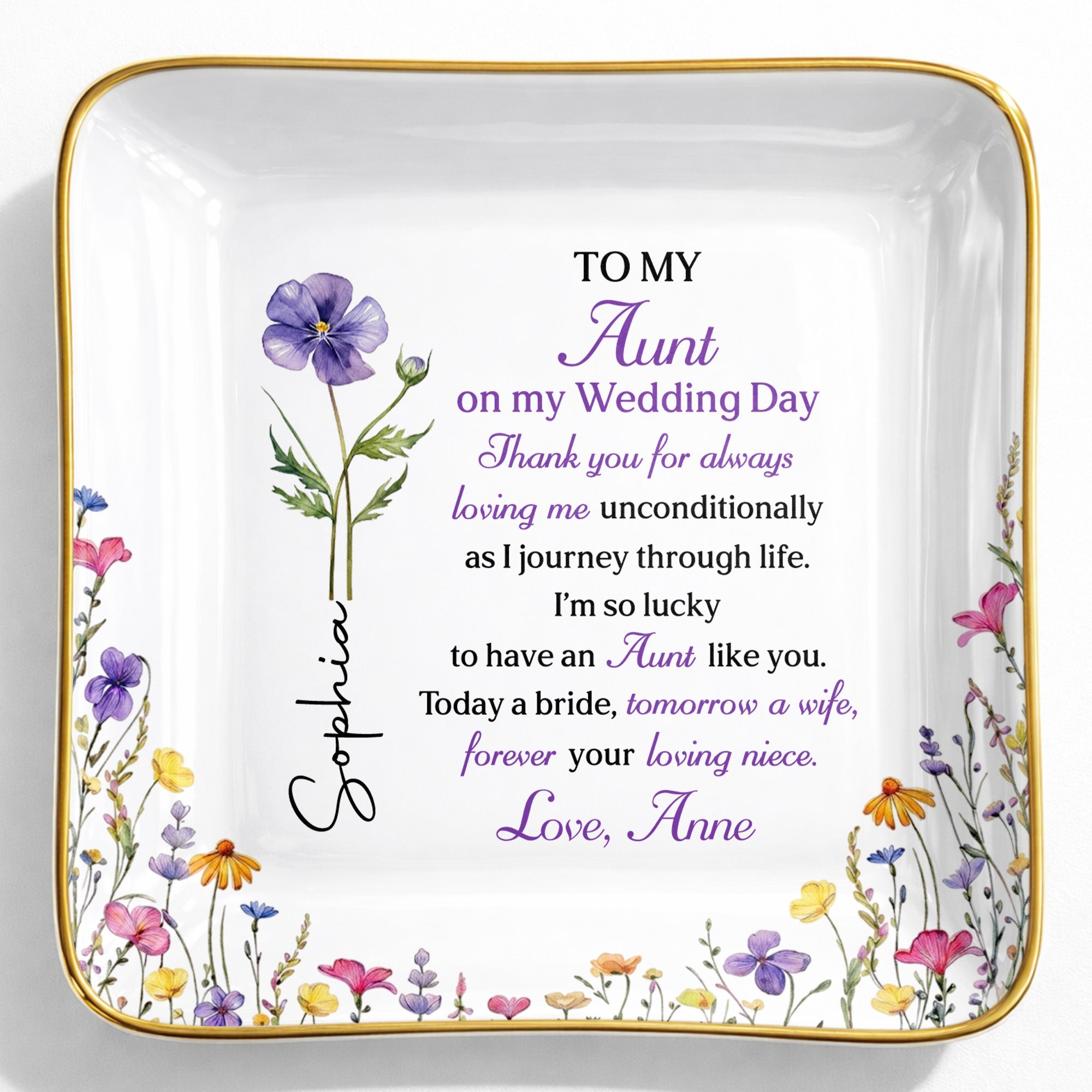 To My Aunt On My Wedding Day Custom Birth Month Flowers - Personalized Custom Jewelry Dish, Ceramic Dish, Square Shape - AUNT015_SCRF