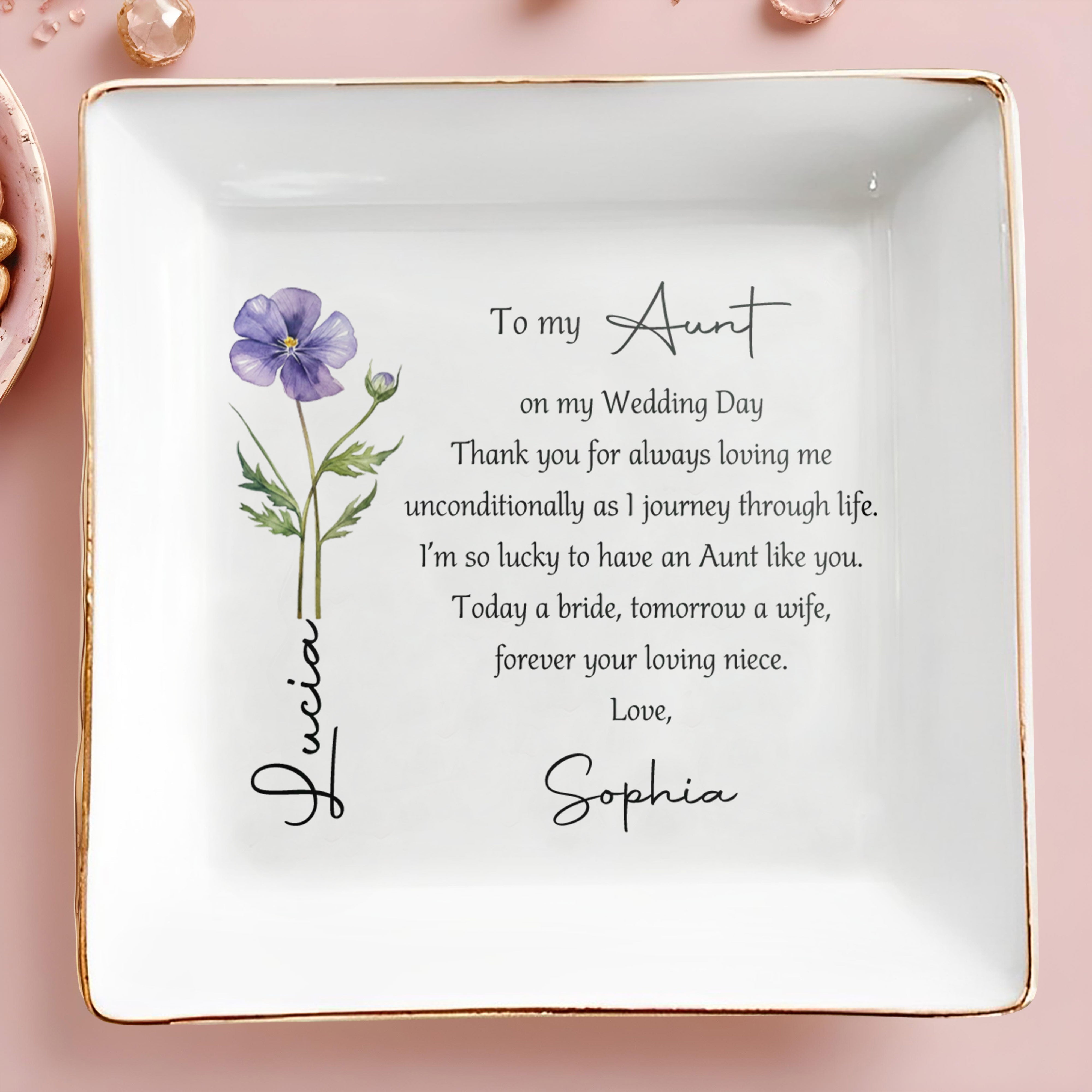 To My Aunt On My Wedding Day Custom Birth Month Flower - Personalized Custom Jewelry Dish, Square Ceramic Dish - AUNT016_SCRD