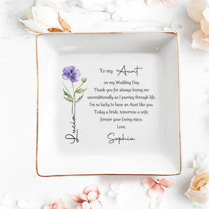 To My Aunt On My Wedding Day Custom Birth Month Flower - Personalized Custom Jewelry Dish, Square Ceramic Dish - AUNT016_SCRD