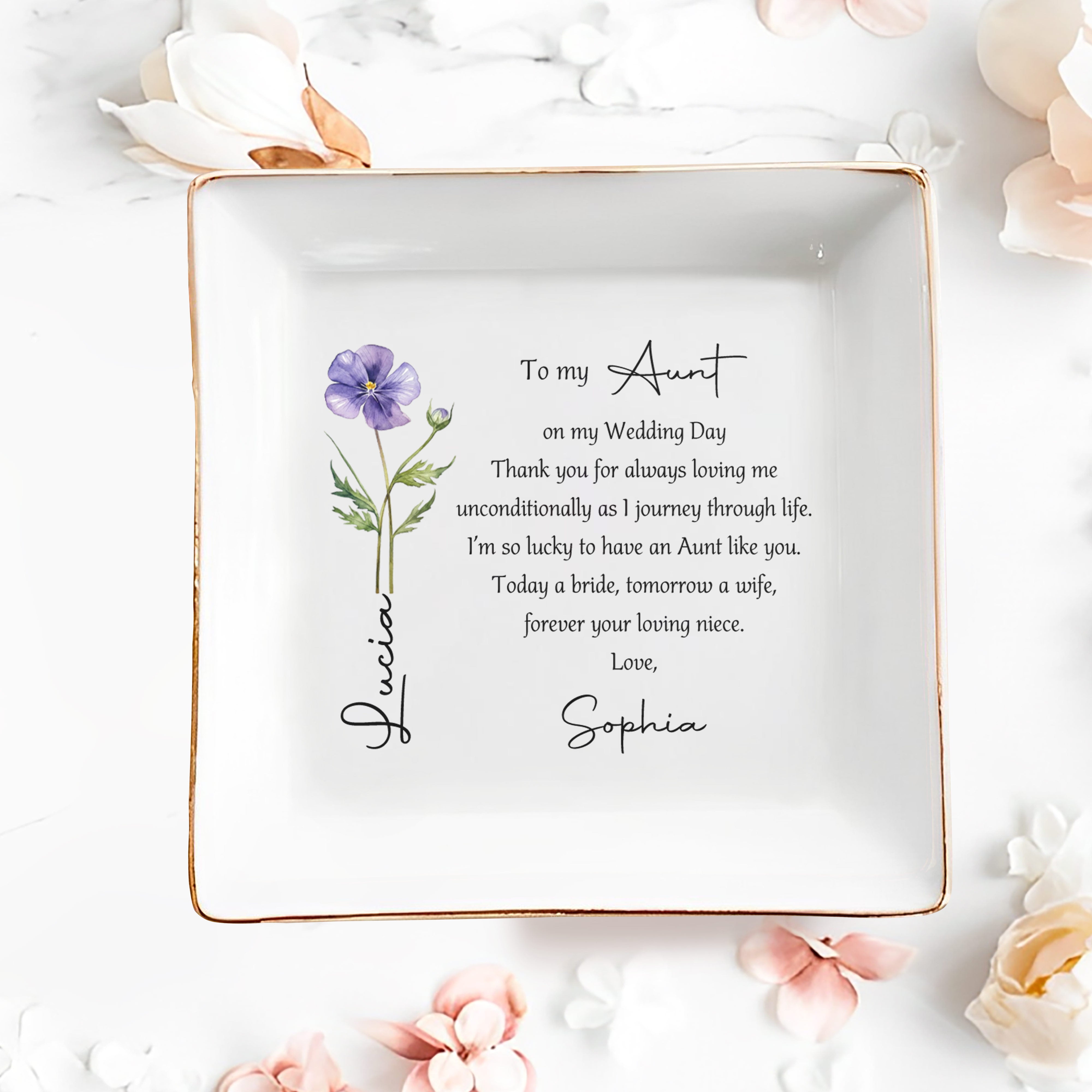 To My Aunt On My Wedding Day Custom Birth Month Flower - Personalized Custom Jewelry Dish, Square Ceramic Dish - AUNT016_SCRD