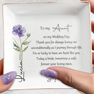To My Aunt On My Wedding Day Custom Birth Month Flower - Personalized Custom Jewelry Dish, Square Ceramic Dish - AUNT016_SCRD