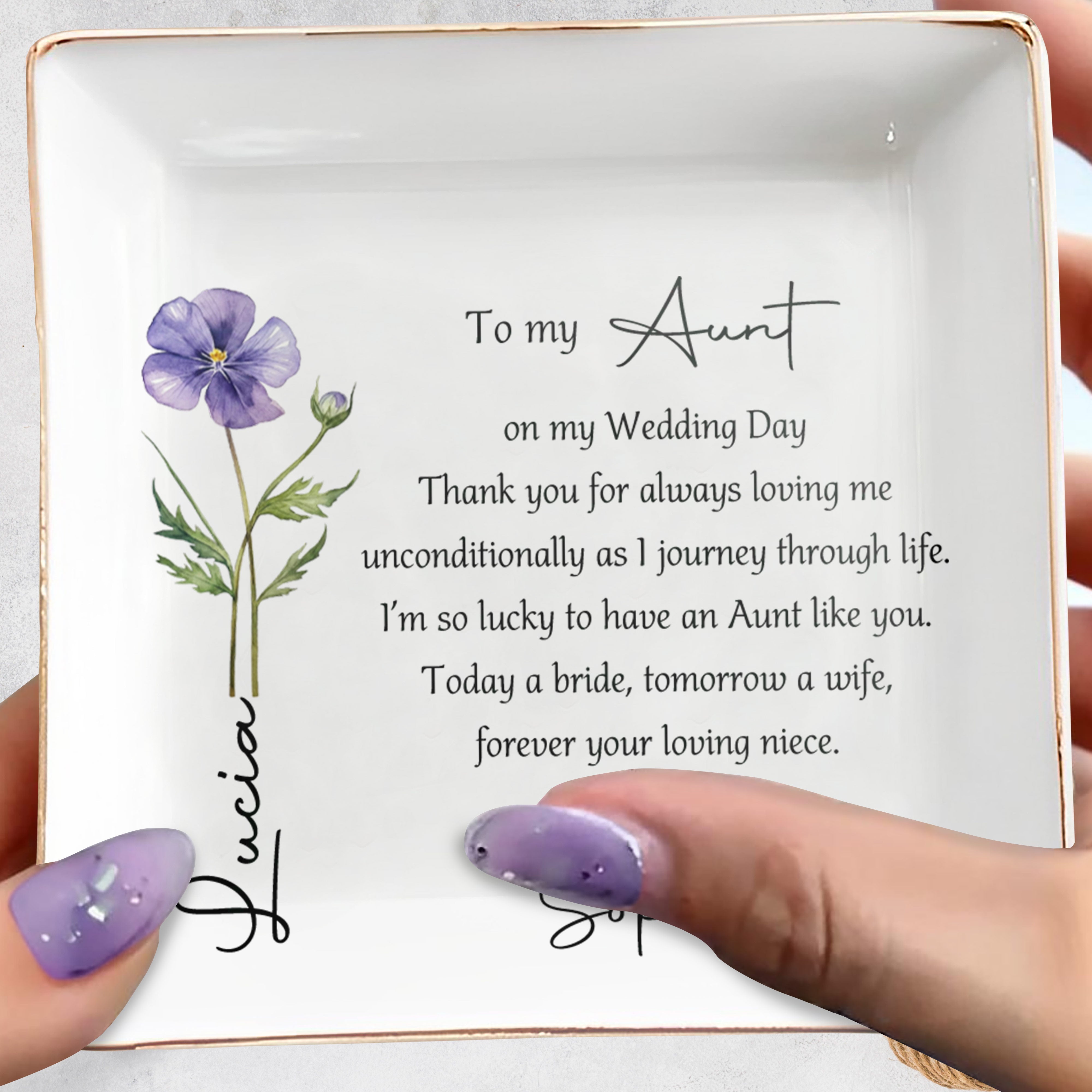 To My Aunt On My Wedding Day Custom Birth Month Flower - Personalized Custom Jewelry Dish, Square Ceramic Dish - AUNT016_SCRD