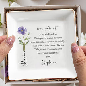 To My Aunt On My Wedding Day Custom Birth Month Flower - Personalized Custom Jewelry Dish, Square Ceramic Dish - AUNT016_SCRD