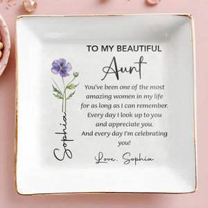To My Beautiful Aunt Custom Birth Month Flower Jewelry Dish - Personalized Custom Jewelry Dish, Square Ceramic Dish - AUNT017_SCRD
