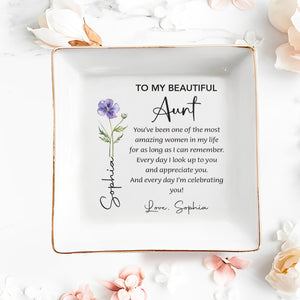 To My Beautiful Aunt Custom Birth Month Flower Jewelry Dish - Personalized Custom Jewelry Dish, Square Ceramic Dish - AUNT017_SCRD