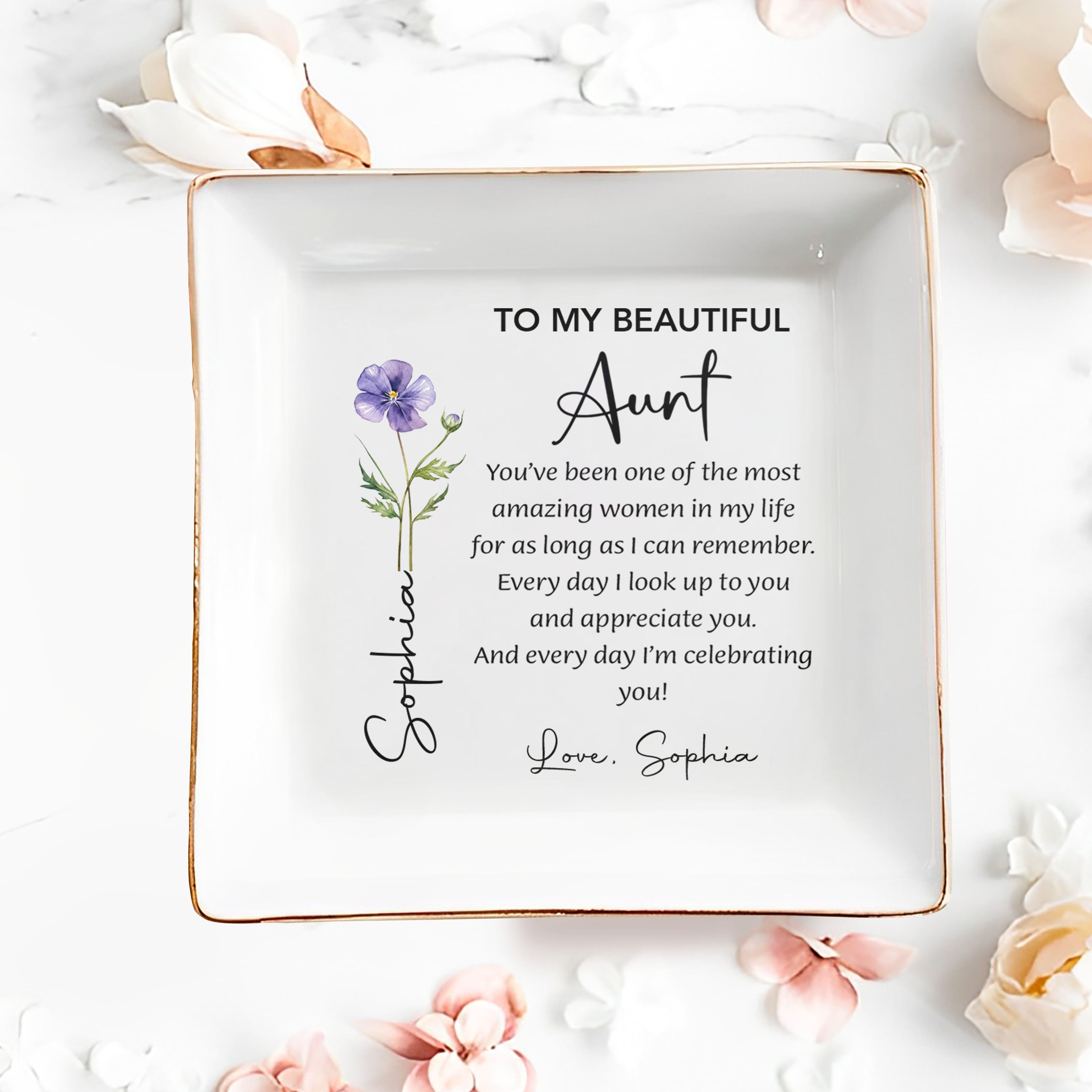 To My Beautiful Aunt Custom Birth Month Flower Jewelry Dish - Personalized Custom Jewelry Dish, Square Ceramic Dish - AUNT017_SCRD