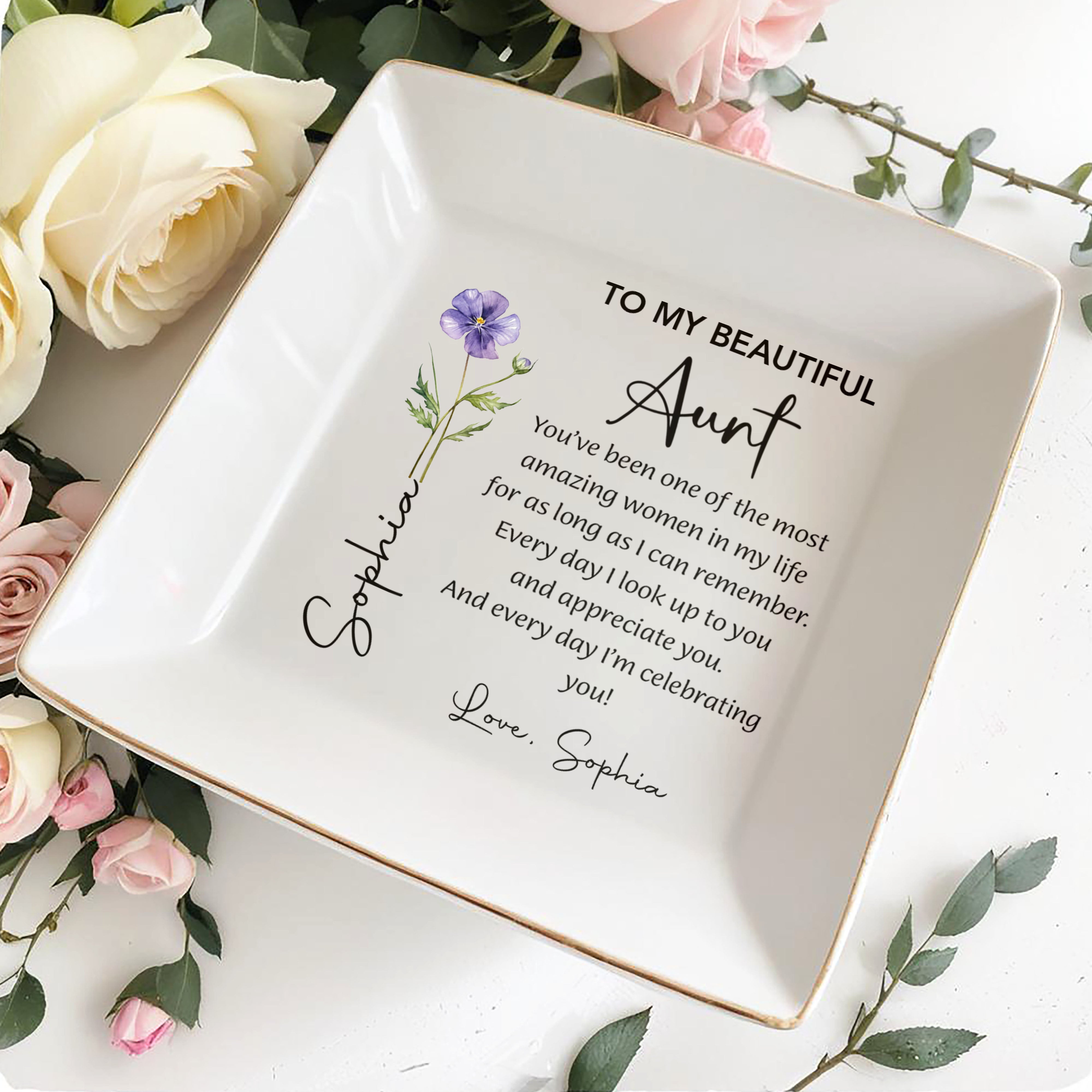 To My Beautiful Aunt Custom Birth Month Flower Jewelry Dish - Personalized Custom Jewelry Dish, Square Ceramic Dish - AUNT017_SCRD