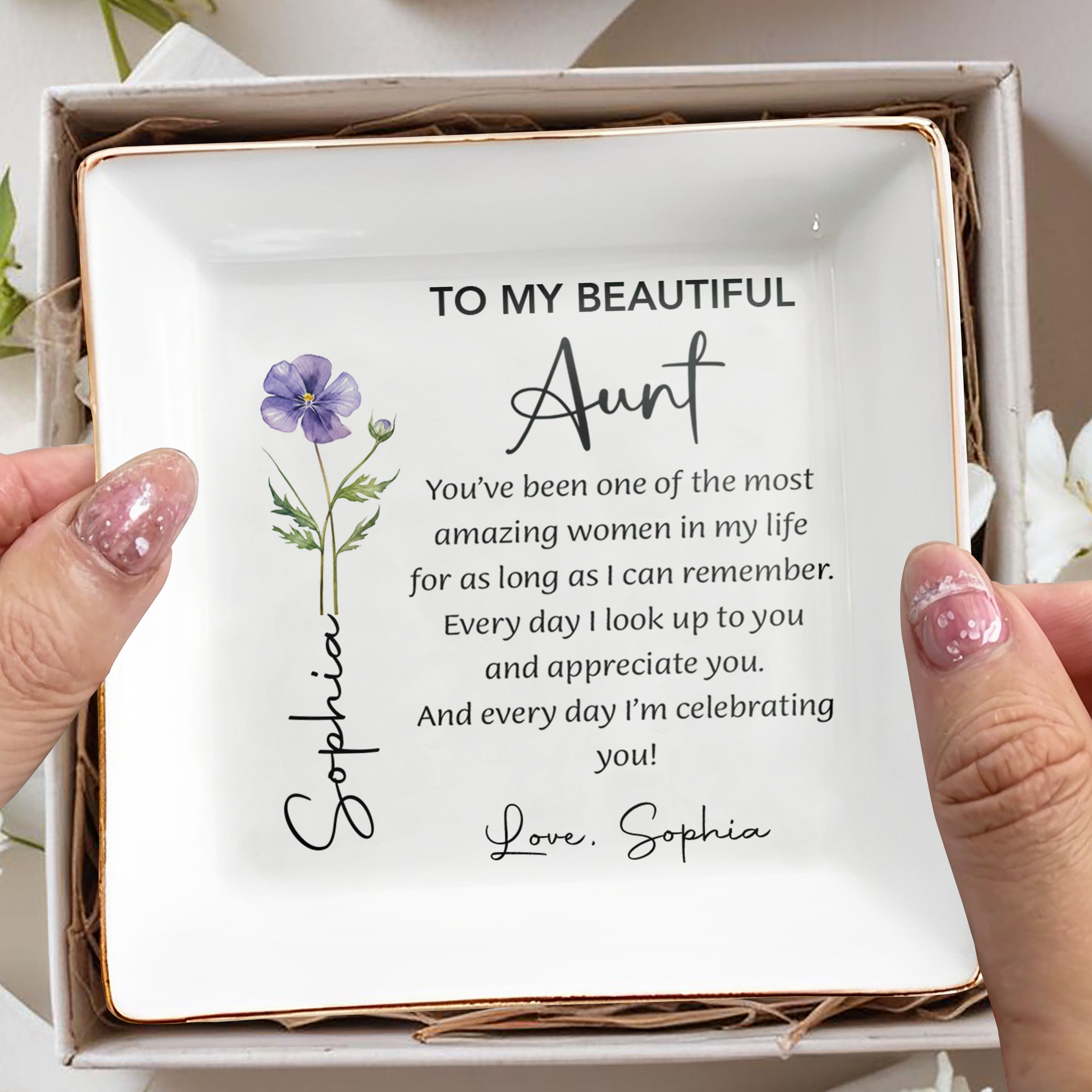To My Beautiful Aunt Custom Birth Month Flower Jewelry Dish - Personalized Custom Jewelry Dish, Square Ceramic Dish - AUNT017_SCRD