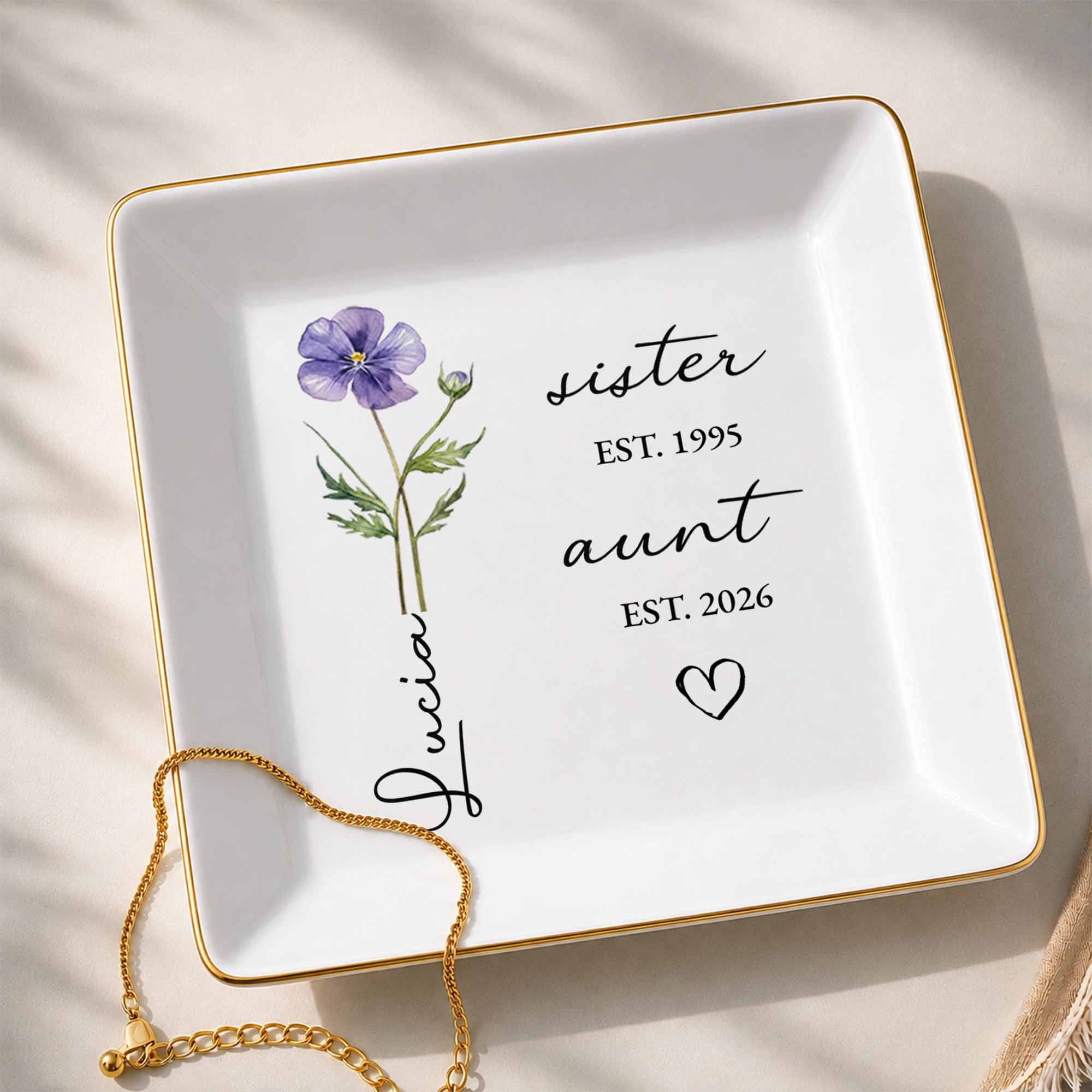 Sister Aunt Birth Month Flower Custom Name Heart - Personalized Custom Jewelry Dish, Square Ceramic Dish - AUNT023_SCRD