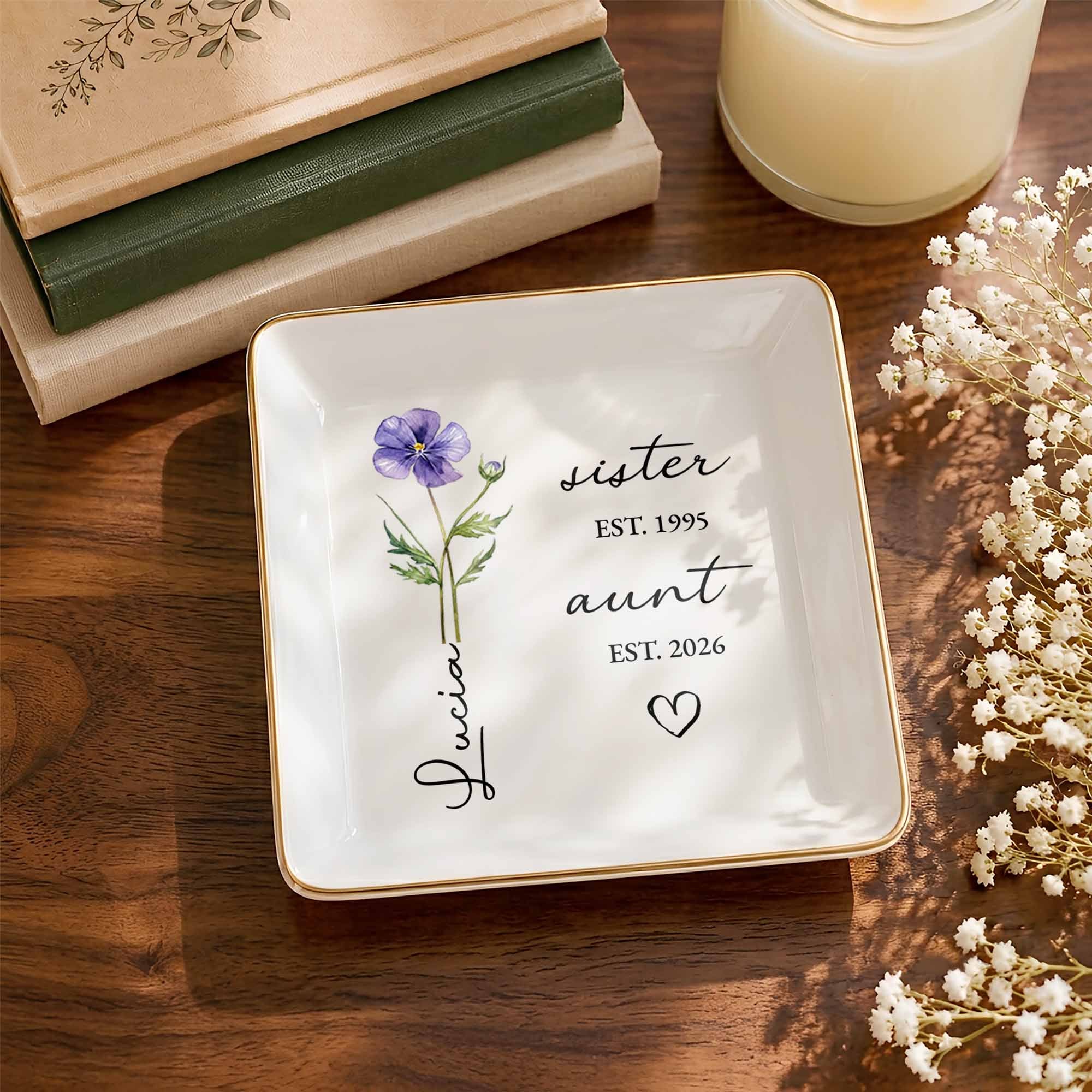 Sister Aunt Birth Month Flower Custom Name Heart - Personalized Custom Jewelry Dish, Square Ceramic Dish - AUNT023_SCRD