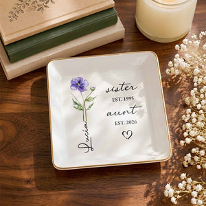 Sister Aunt Birth Month Flower Custom Name Heart - Personalized Custom Jewelry Dish, Square Ceramic Dish - AUNT023_SCRD