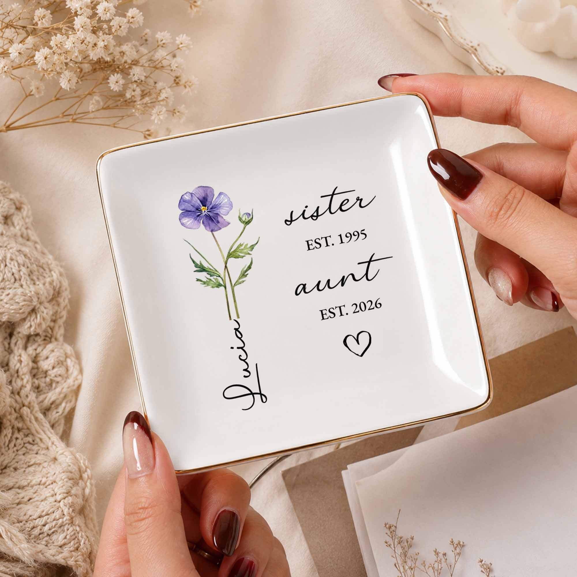 Sister Aunt Birth Month Flower Custom Name Heart - Personalized Custom Jewelry Dish, Square Ceramic Dish - AUNT023_SCRD
