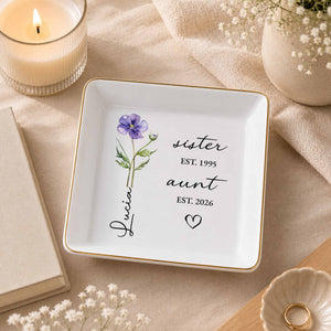 Sister Aunt Birth Month Flower Custom Name Heart - Personalized Custom Jewelry Dish, Square Ceramic Dish - AUNT023_SCRD