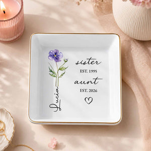 Sister Aunt Birth Month Flower Custom Name Heart - Personalized Custom Jewelry Dish, Square Ceramic Dish - AUNT023_SCRD