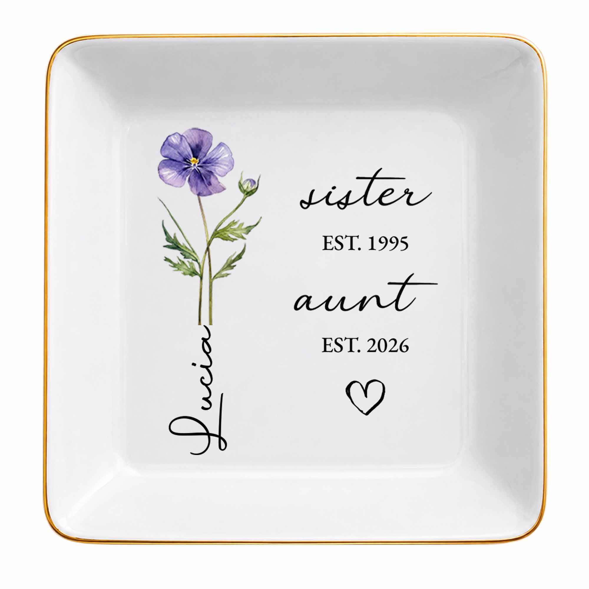Sister Aunt Birth Month Flower Custom Name Heart - Personalized Custom Jewelry Dish, Square Ceramic Dish - AUNT023_SCRD