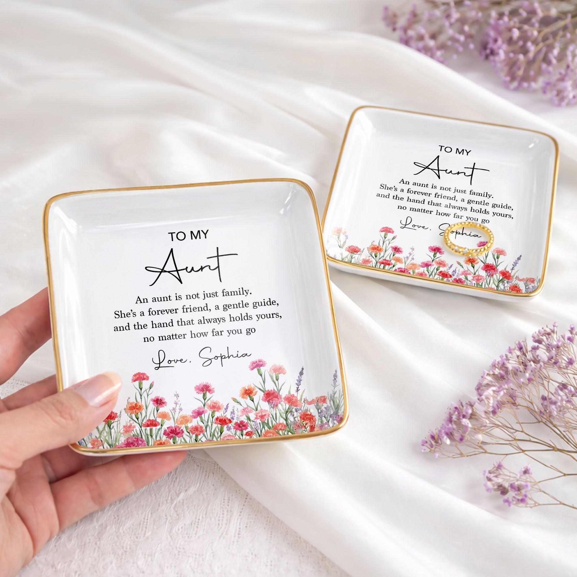 To My Aunt An Aunt Is Not Just Family Birth Month Flowers - Personalized Custom Jewelry Dish, Ceramic Dish, Square Shape - AUNT024_SCRF