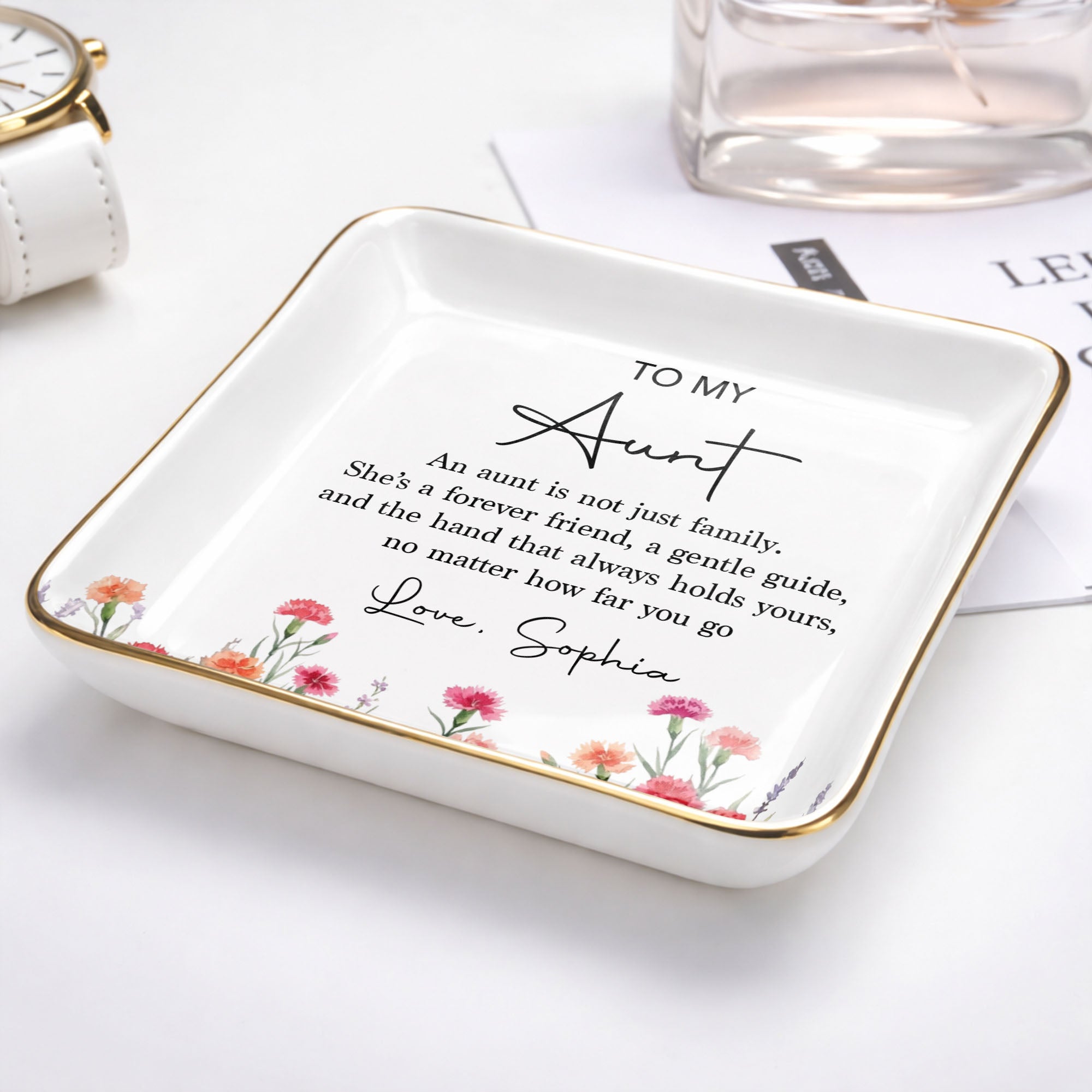 To My Aunt An Aunt Is Not Just Family Birth Month Flowers - Personalized Custom Jewelry Dish, Ceramic Dish, Square Shape - AUNT024_SCRF