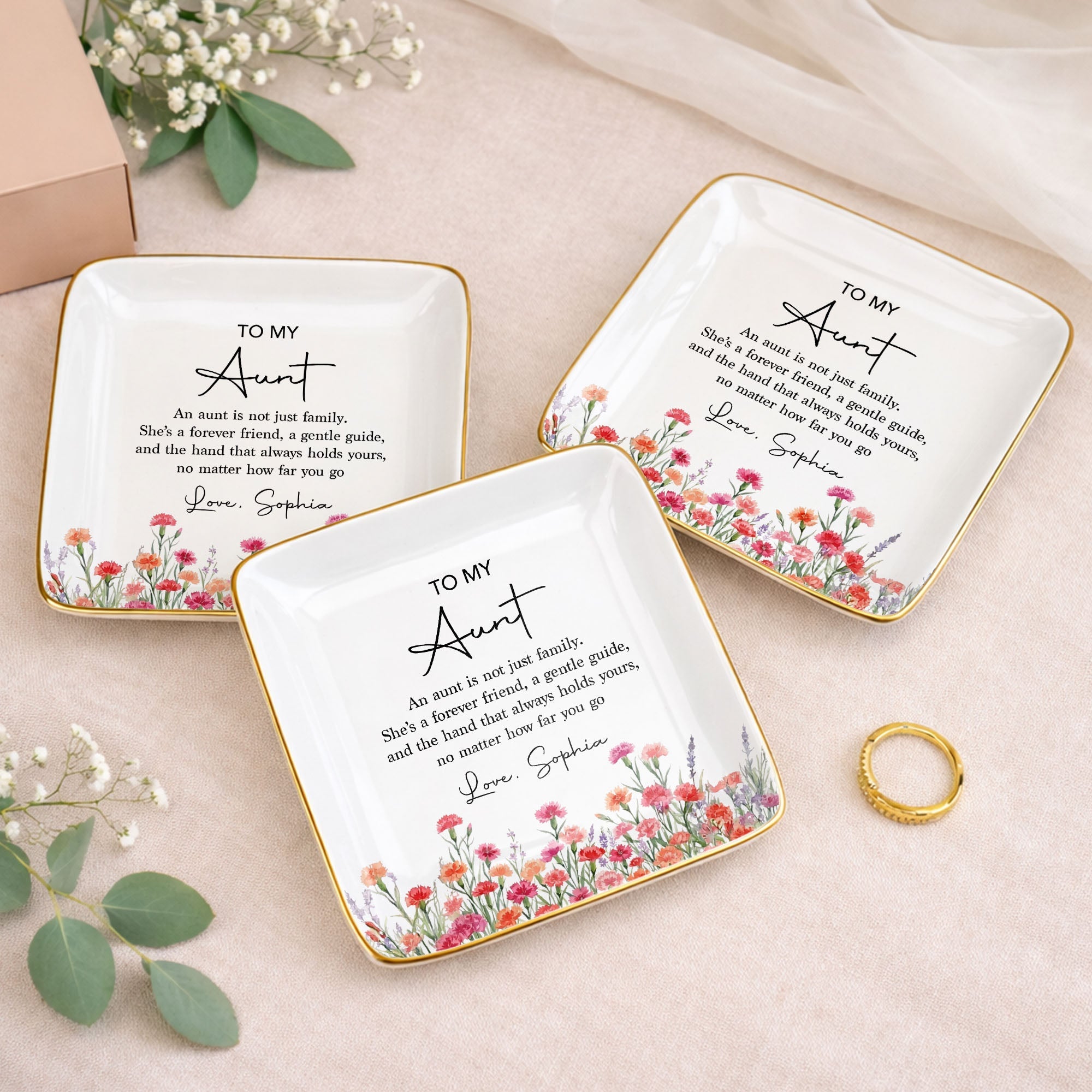 To My Aunt An Aunt Is Not Just Family Birth Month Flowers - Personalized Custom Jewelry Dish, Ceramic Dish, Square Shape - AUNT024_SCRF