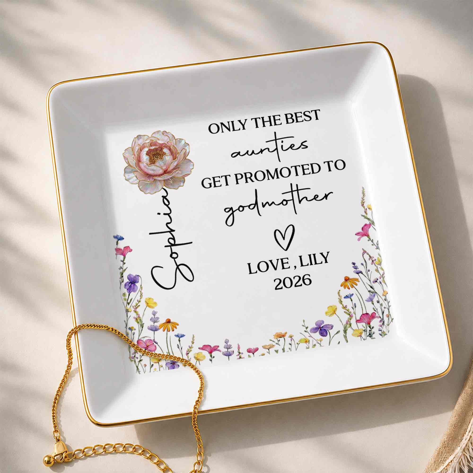 Only The Best Aunties Get Promoted To Godmother Birth Month Flower - Personalized Custom Jewelry Dish, Square Ceramic Dish - AUNT025_SCRD