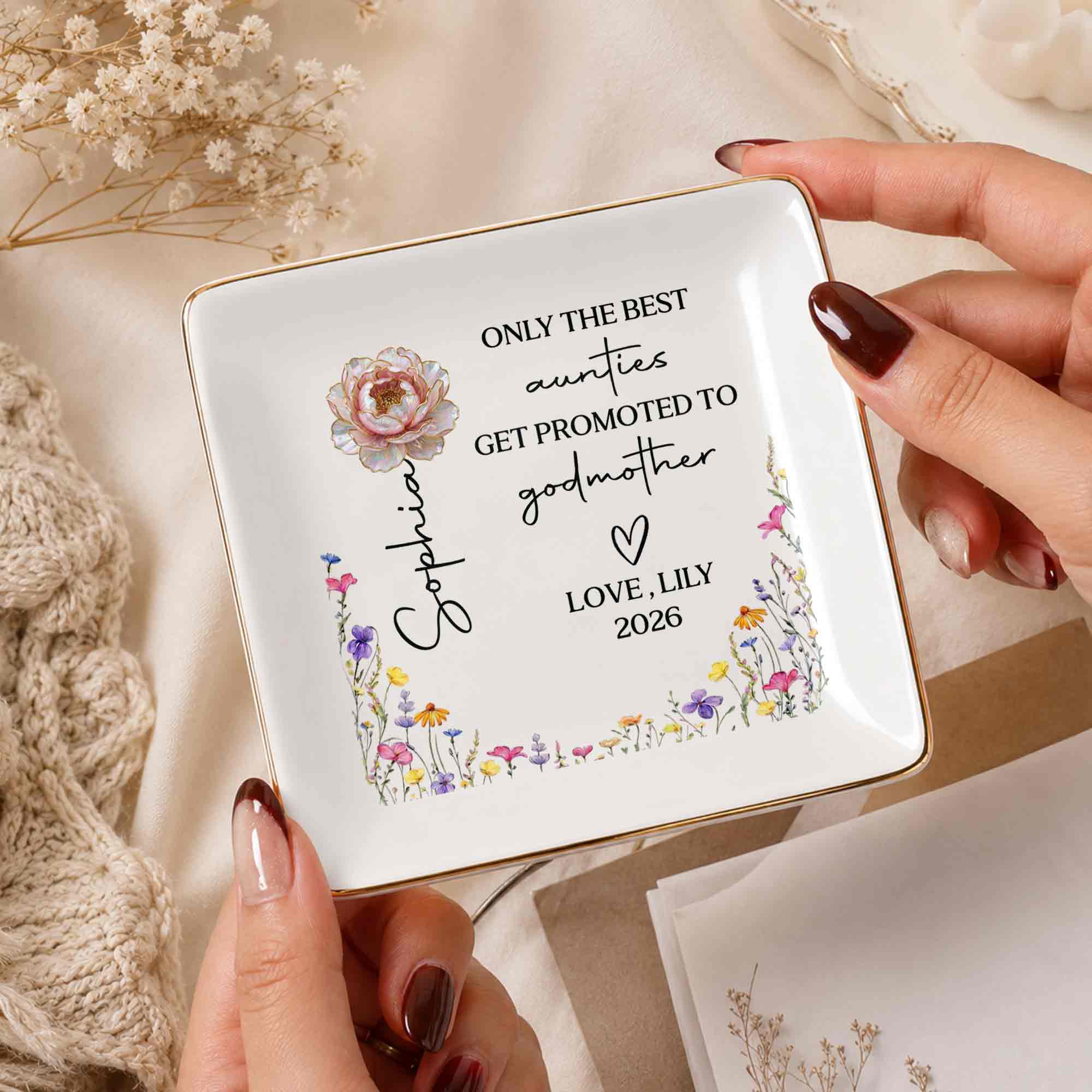 Only The Best Aunties Get Promoted To Godmother Birth Month Flower - Personalized Custom Jewelry Dish, Square Ceramic Dish - AUNT025_SCRD