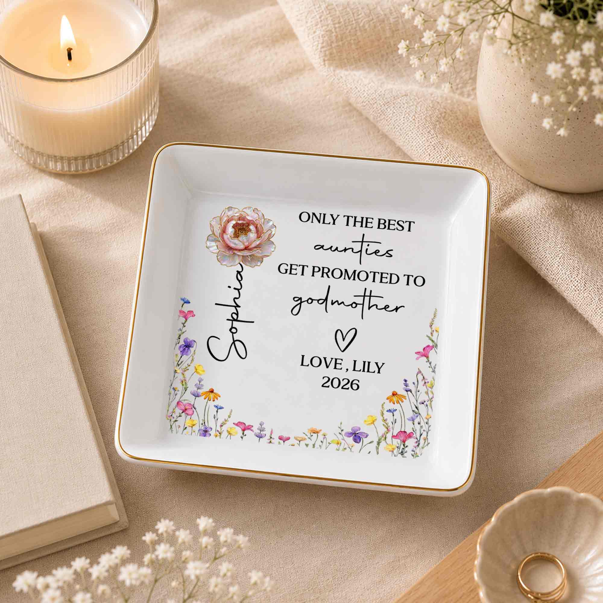 Only The Best Aunties Get Promoted To Godmother Birth Month Flower - Personalized Custom Jewelry Dish, Square Ceramic Dish - AUNT025_SCRD